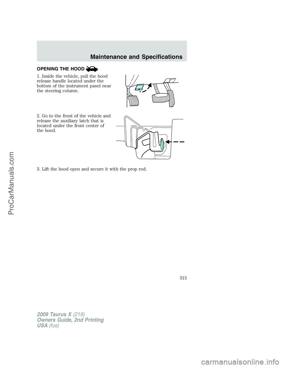 FORD FREESTYLE 2009 Owners Manual OPENING THE HOOD
1. Inside the vehicle, pull the hood
release handle located under the
bottom of the instrument panel near
the steering column.
2. Go to the front of the vehicle and
release the auxili FORD FREESTYLE 2009 Owners Manual OPENING THE HOOD
1. Inside the vehicle, pull the hood
release handle located under the
bottom of the instrument panel near
the steering column.
2. Go to the front of the vehicle and
release the auxili