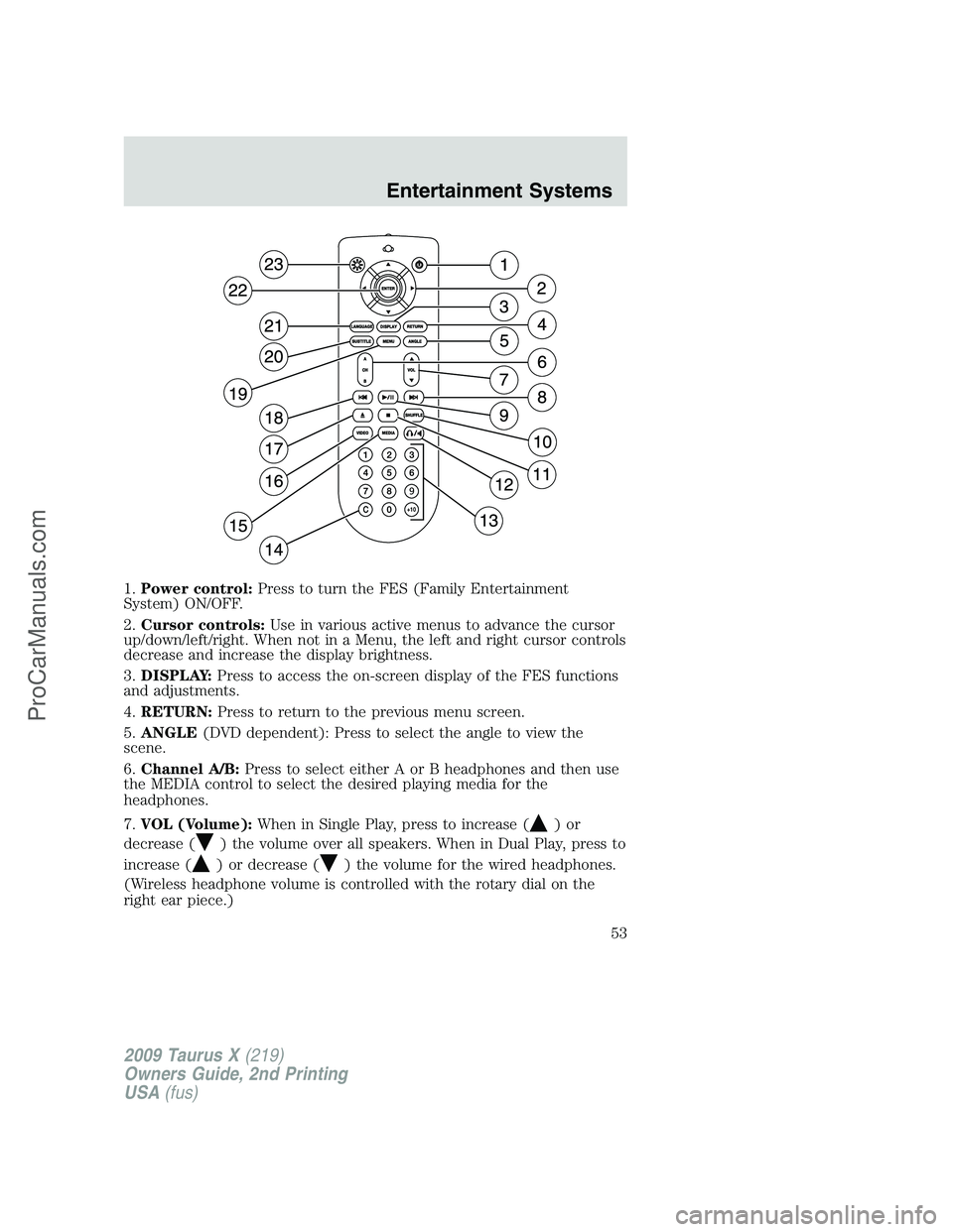 FORD FREESTYLE 2009 Workshop Manual 1.Power control:Press to turn the FES (Family Entertainment
System) ON/OFF.
2.Cursor controls:Use in various active menus to advance the cursor
up/down/left/right. When not in a Menu, the left and rig
