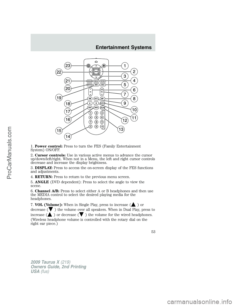 FORD FREESTYLE 2009 Workshop Manual 1.Power control:Press to turn the FES (Family Entertainment
System) ON/OFF.
2.Cursor controls:Use in various active menus to advance the cursor
up/down/left/right. When not in a Menu, the left and rig FORD FREESTYLE 2009 Workshop Manual 1.Power control:Press to turn the FES (Family Entertainment
System) ON/OFF.
2.Cursor controls:Use in various active menus to advance the cursor
up/down/left/right. When not in a Menu, the left and rig
