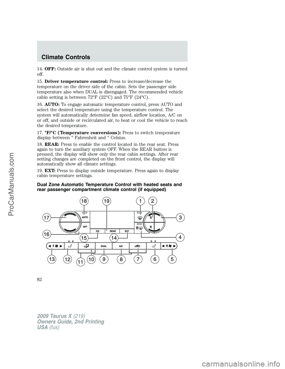 FORD FREESTYLE 2009  Owners Manual 14.OFF:Outside air is shut out and the climate control system is turned
off.
15.Driver temperature control:Press to increase/decrease the
temperature on the driver side of the cabin. Sets the passenge