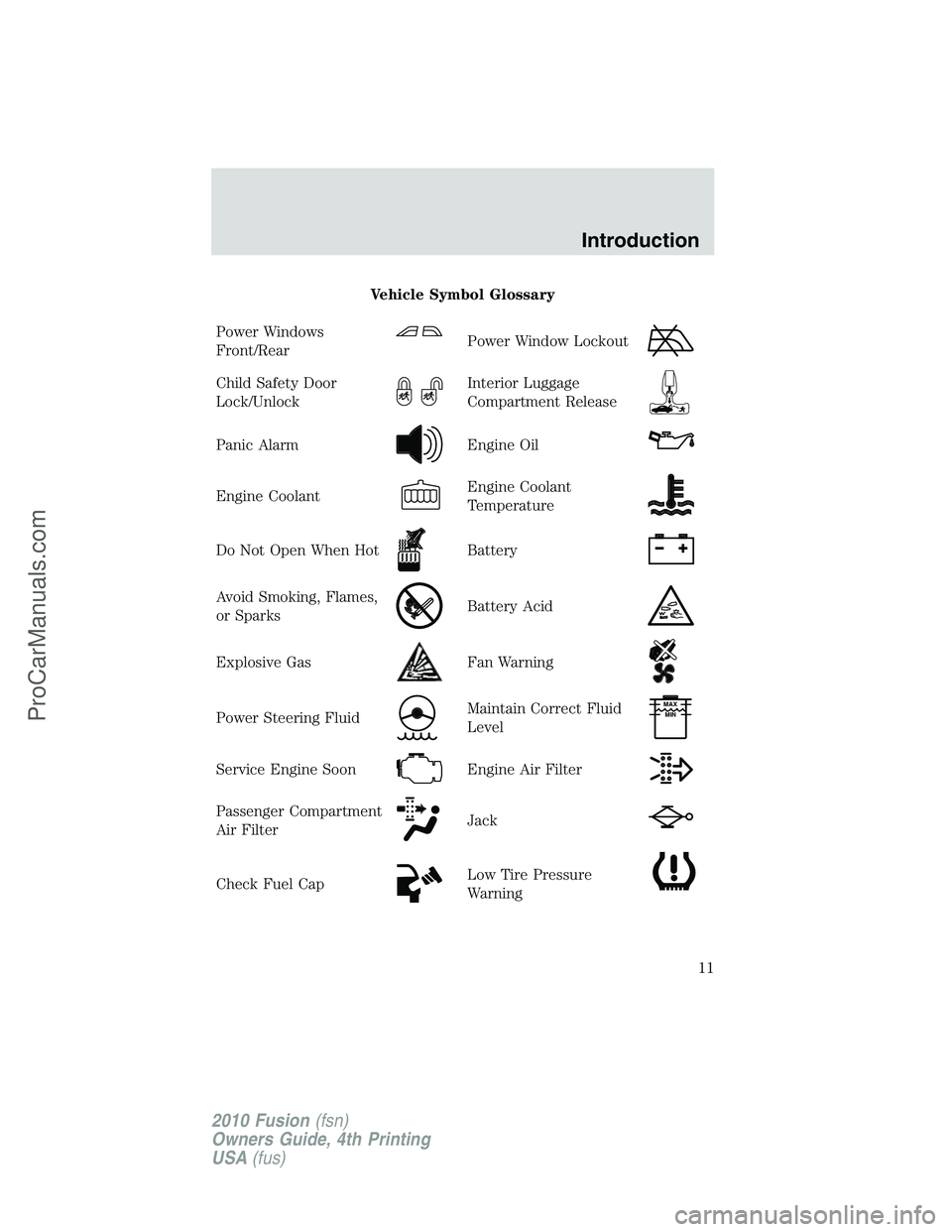 FORD FUSION 2010  Owners Manual Vehicle Symbol Glossary
Power Windows
Front/Rear
Power Window Lockout
Child Safety Door
Lock/UnlockInterior Luggage
Compartment Release
Panic AlarmEngine Oil
Engine CoolantEngine Coolant
Temperature
D