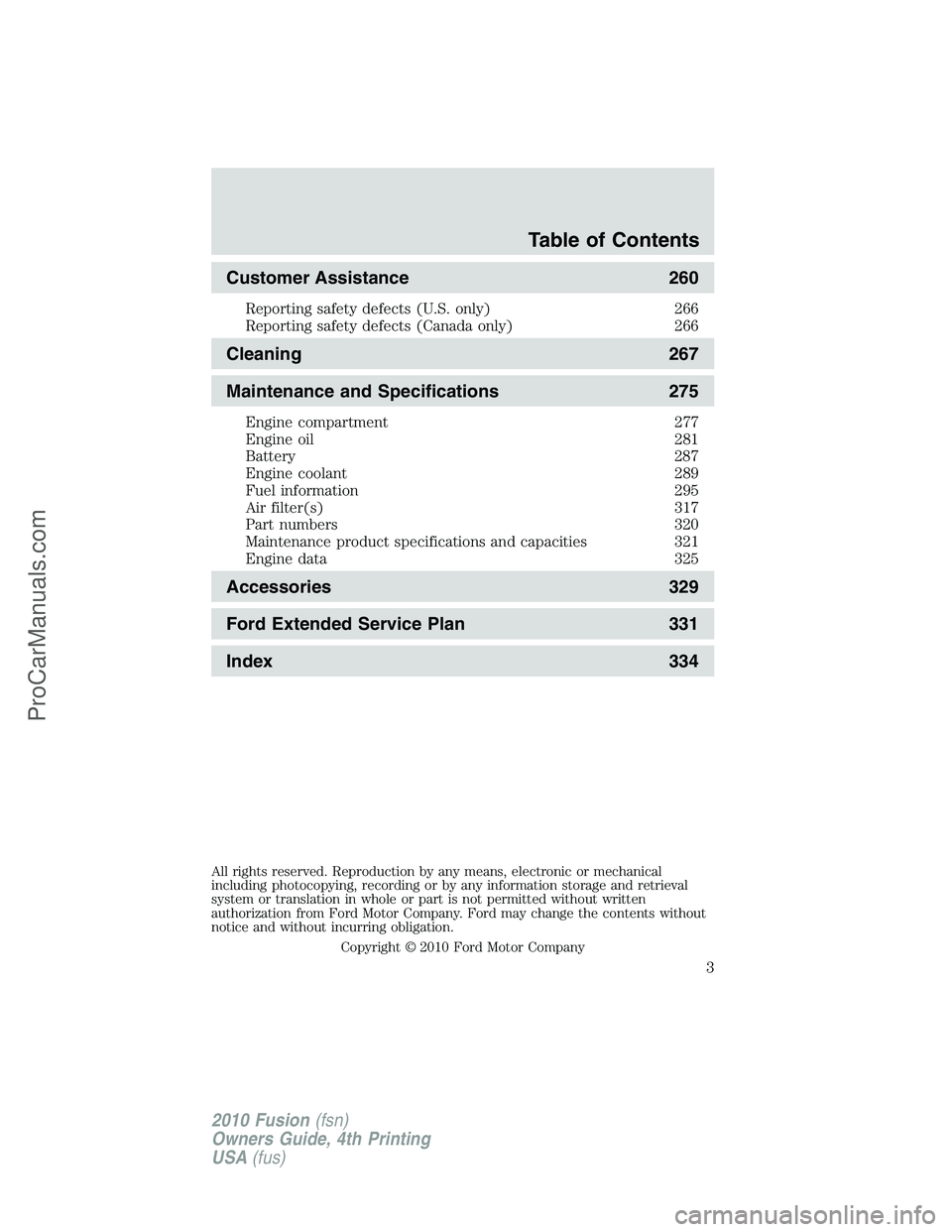 FORD FUSION 2010  Owners Manual Customer Assistance 260
Reporting safety defects (U.S. only) 266
Reporting safety defects (Canada only) 266
Cleaning 267
Maintenance and Specifications 275
Engine compartment 277
Engine oil 281
Batter