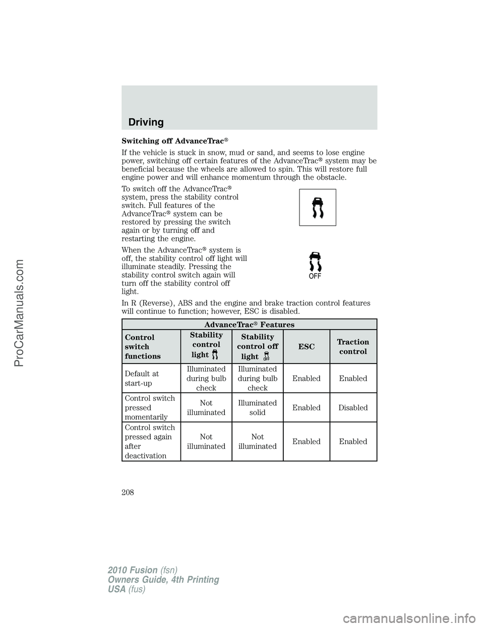 FORD FUSION 2010  Owners Manual Switching off AdvanceTrac
If the vehicle is stuck in snow, mud or sand, and seems to lose engine
power, switching off certain features of the AdvanceTracsystem may be
beneficial because the wheels a