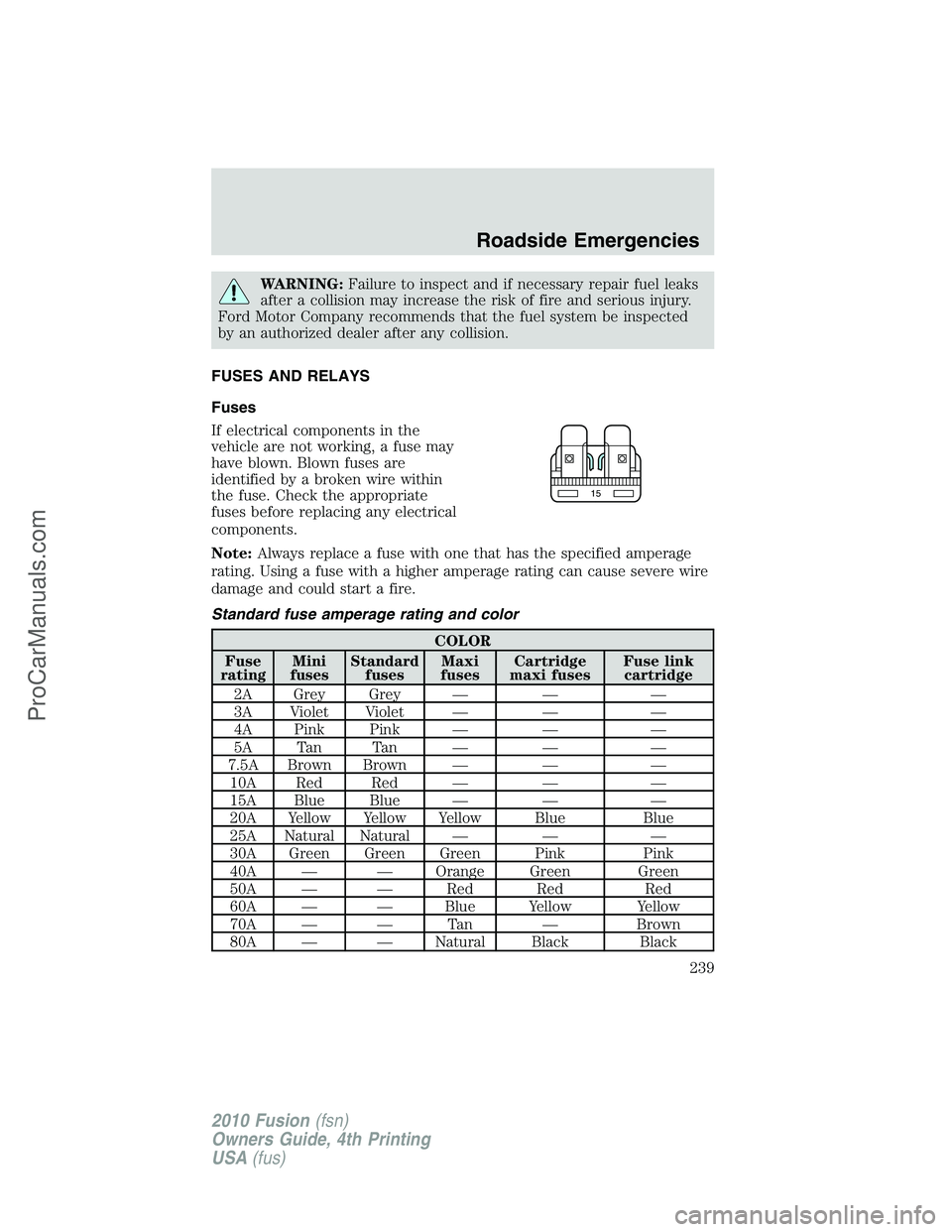 FORD FUSION 2010  Owners Manual WARNING:Failure to inspect and if necessary repair fuel leaks
after a collision may increase the risk of fire and serious injury.
Ford Motor Company recommends that the fuel system be inspected
by an 