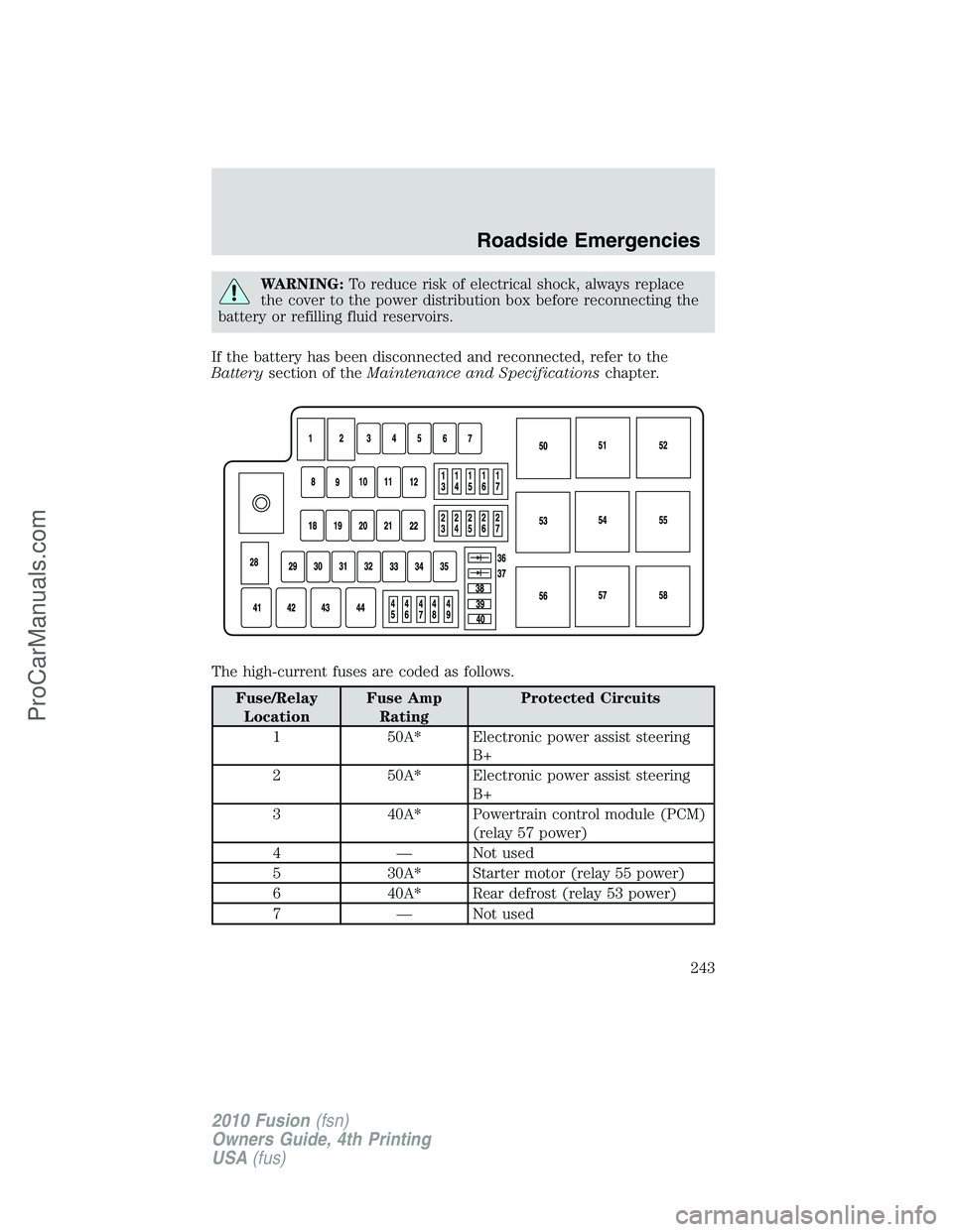 FORD FUSION 2010  Owners Manual WARNING:To reduce risk of electrical shock, always replace
the cover to the power distribution box before reconnecting the
battery or refilling fluid reservoirs.
If the battery has been disconnected a