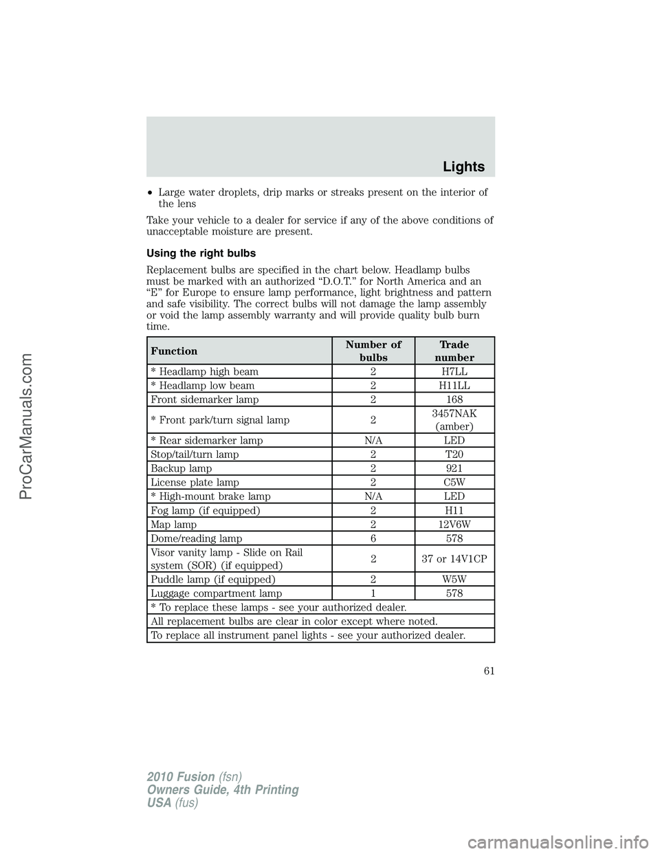 FORD FUSION 2010 Repair Manual •Large water droplets, drip marks or streaks present on the interior of
the lens
Take your vehicle to a dealer for service if any of the above conditions of
unacceptable moisture are present.
Using 