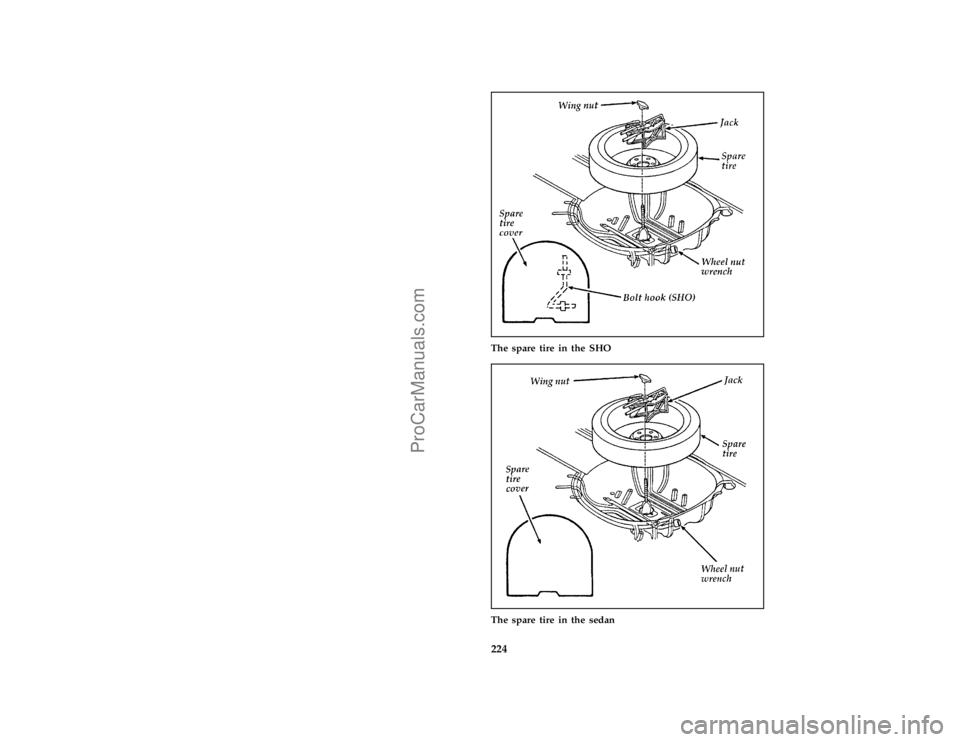 FORD TAURUS 1996  Owners Manual 224 [RE06200( T)12/95]
half page art:0000391-BThe spare tire in the SHO
[RE06250(ALL)02/95]
half page art:0001423-B
The spare tire in the sedan
File:12fcret.ex
Update:Mon Jan 22 16:01:15 1996
ProCarMa