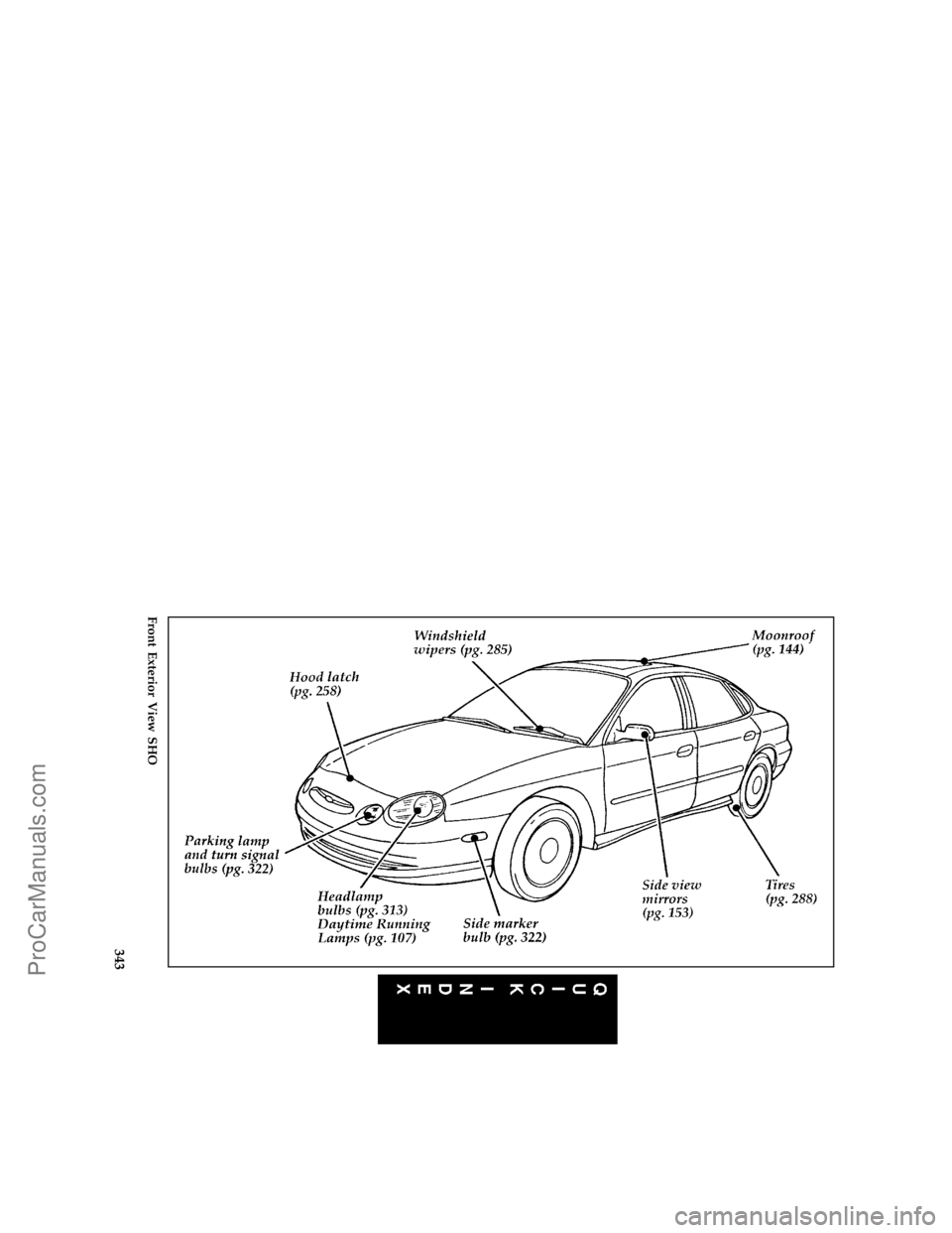 FORD TAURUS 1996  Owners Manual 343 [QI01100( T)02/95]
full page art:0001057-D
Front Exterior View SHO
File:16fcqit.ex
Update:Tue Jan 23 08:16:56 1996
ProCarManuals.com 