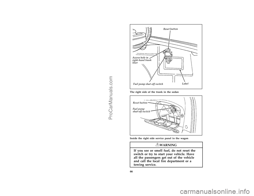 FORD TAURUS 1996 Repair Manual 66 [ST11600(ALL)11/94]
half page art:0000399-EThe right side of the trunk in the sedan
[ST11700(ALL)11/94]
one third page art:0000516-E
Inside the right side service panel in the wagon
*
[ST11800(ALL)