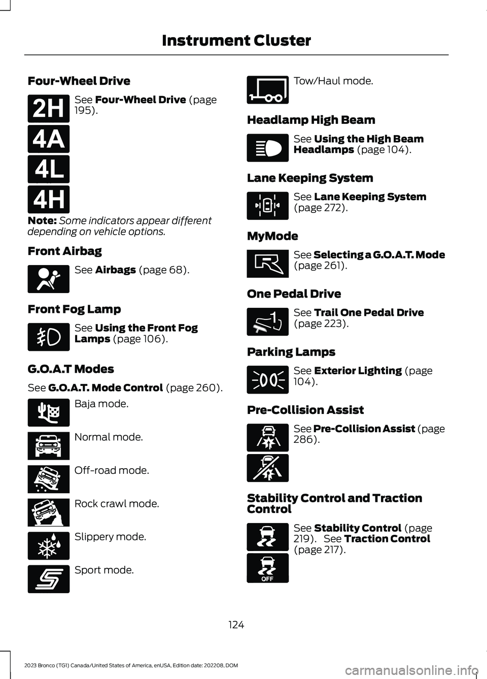 FORD BRONCO 2023 Owners Manual Four-Wheel Drive
See Four-Wheel Drive (page195).
Note:Some indicators appear differentdepending on vehicle options.
Front Airbag
See Airbags (page 68).
Front Fog Lamp
See Using the Front FogLamps (pag FORD BRONCO 2023 Owners Manual Four-Wheel Drive
See Four-Wheel Drive (page195).
Note:Some indicators appear differentdepending on vehicle options.
Front Airbag
See Airbags (page 68).
Front Fog Lamp
See Using the Front FogLamps (pag