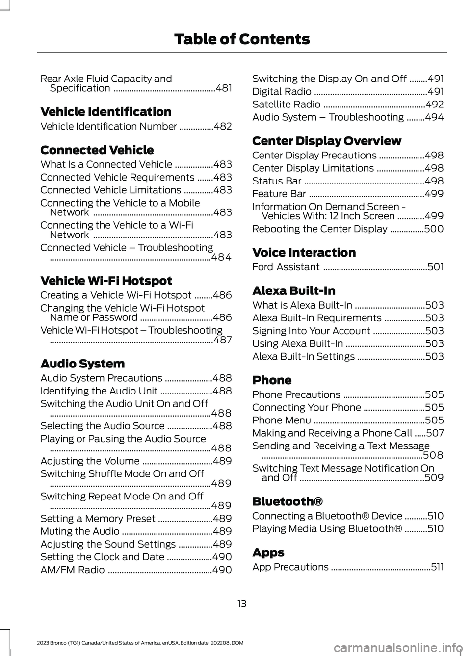 FORD BRONCO 2023 Owners Manual Rear Axle Fluid Capacity andSpecification.............................................481
Vehicle Identification
Vehicle Identification Number...............482
Connected Vehicle
What Is a Connected V FORD BRONCO 2023 Owners Manual Rear Axle Fluid Capacity andSpecification.............................................481
Vehicle Identification
Vehicle Identification Number...............482
Connected Vehicle
What Is a Connected V