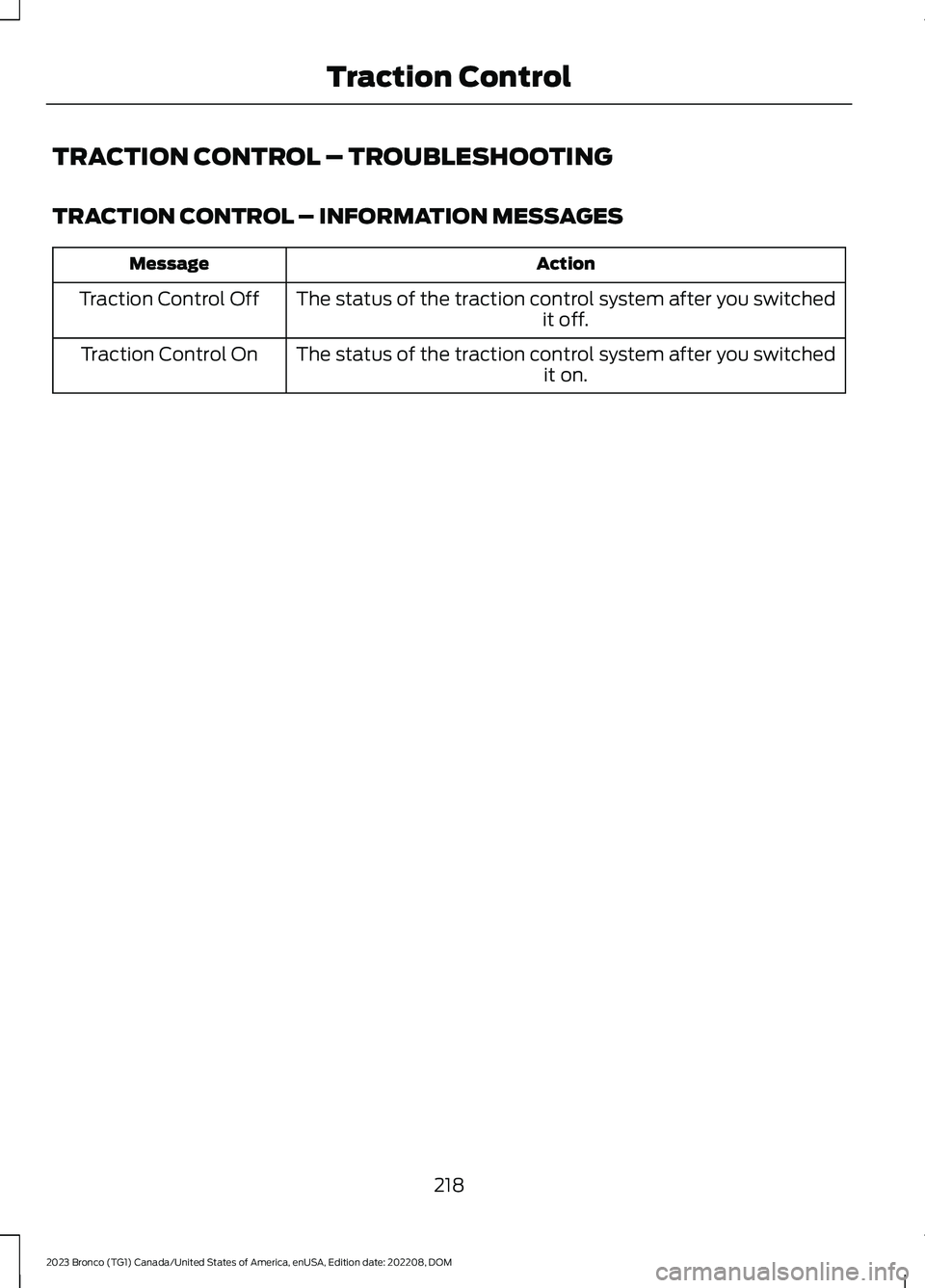 FORD BRONCO 2023 Owners Manual TRACTION CONTROL – TROUBLESHOOTING
TRACTION CONTROL – INFORMATION MESSAGES
ActionMessage
The status of the traction control system after you switchedit off.Traction Control Off
The status of the t FORD BRONCO 2023 Owners Manual TRACTION CONTROL – TROUBLESHOOTING
TRACTION CONTROL – INFORMATION MESSAGES
ActionMessage
The status of the traction control system after you switchedit off.Traction Control Off
The status of the t