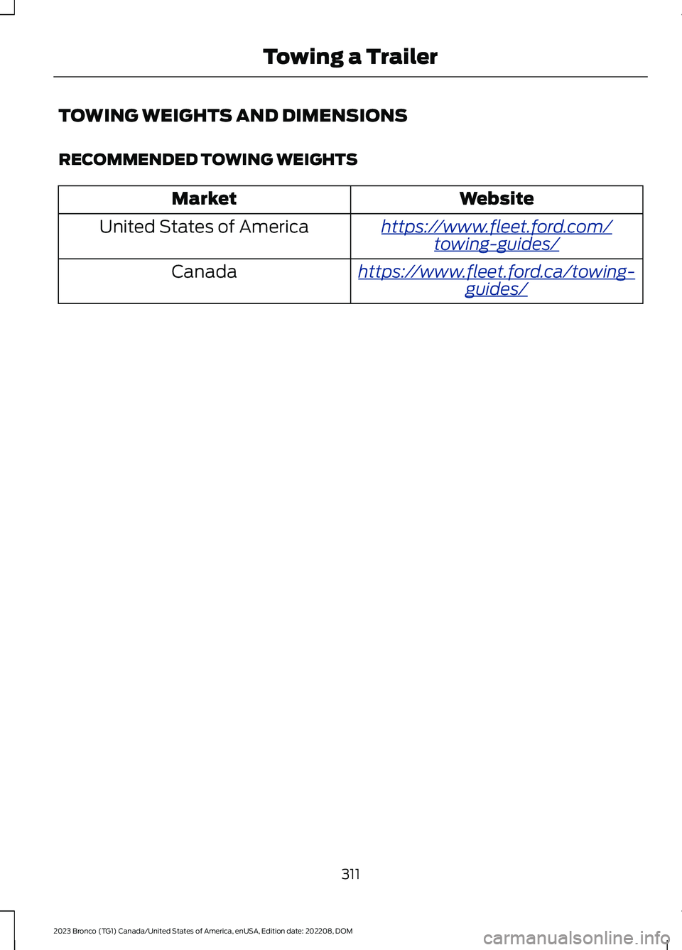FORD BRONCO 2023 Owners Manual TOWING WEIGHTS AND DIMENSIONS
RECOMMENDED TOWING WEIGHTS
WebsiteMarket
https://www.fleet.ford.com/towing-guides/United States of America
https://www.fleet.ford.ca/towing-guides/Canada
311
2023 Bronco FORD BRONCO 2023 Owners Manual TOWING WEIGHTS AND DIMENSIONS
RECOMMENDED TOWING WEIGHTS
WebsiteMarket
https://www.fleet.ford.com/towing-guides/United States of America
https://www.fleet.ford.ca/towing-guides/Canada
311
2023 Bronco