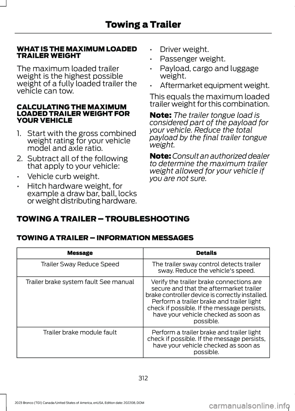 FORD BRONCO 2023 Owners Manual WHAT IS THE MAXIMUM LOADEDTRAILER WEIGHT
The maximum loaded trailerweight is the highest possibleweight of a fully loaded trailer thevehicle can tow.
CALCULATING THE MAXIMUMLOADED TRAILER WEIGHT FORYO FORD BRONCO 2023 Owners Manual WHAT IS THE MAXIMUM LOADEDTRAILER WEIGHT
The maximum loaded trailerweight is the highest possibleweight of a fully loaded trailer thevehicle can tow.
CALCULATING THE MAXIMUMLOADED TRAILER WEIGHT FORYO