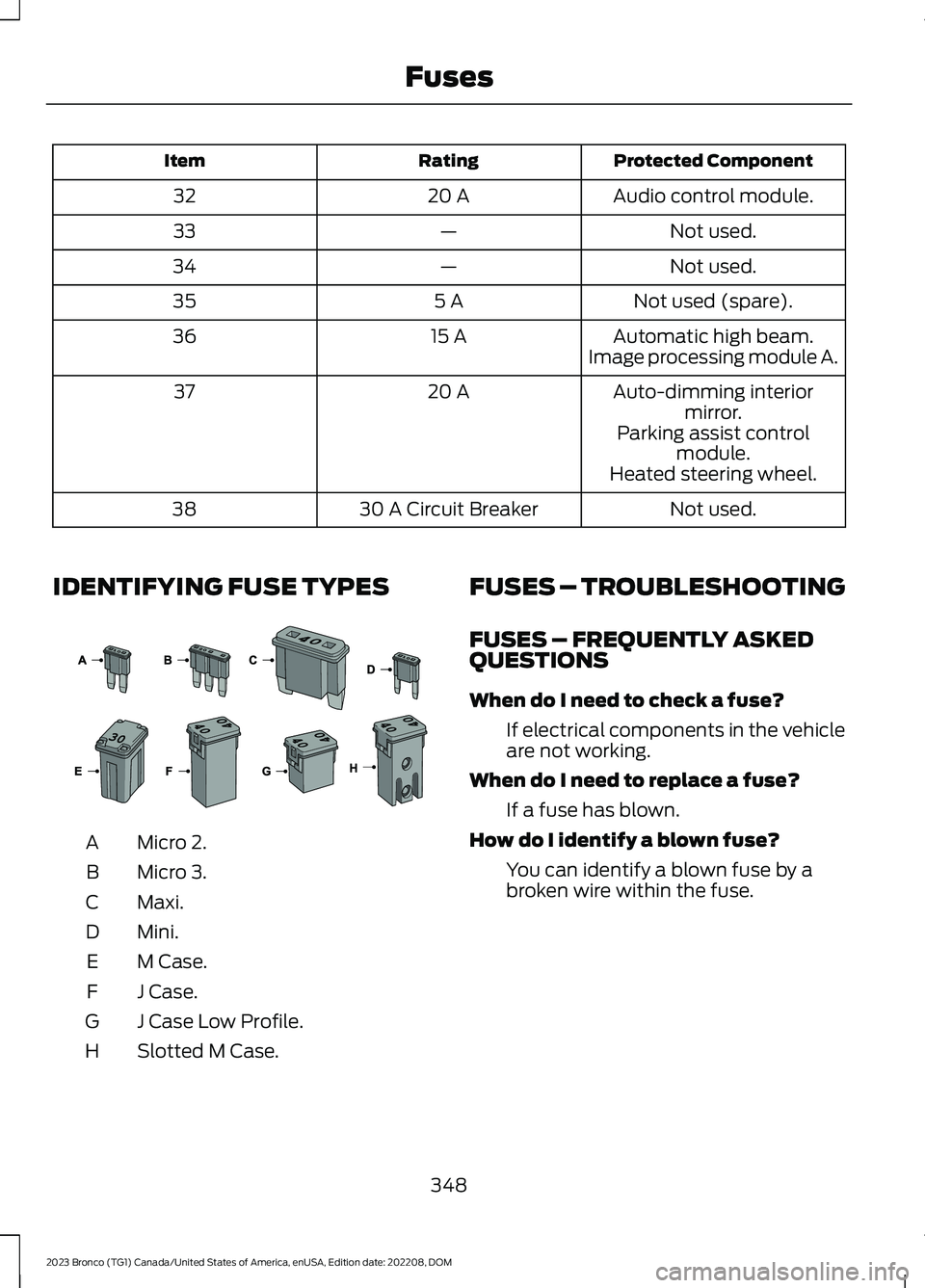 FORD BRONCO 2023 User Guide Protected ComponentRatingItem
Audio control module.20 A32
Not used.—33
Not used.—34
Not used (spare).5 A35
Automatic high beam.15 A36Image processing module A.
Auto-dimming interiormirror.20 A37
P FORD BRONCO 2023 User Guide Protected ComponentRatingItem
Audio control module.20 A32
Not used.—33
Not used.—34
Not used (spare).5 A35
Automatic high beam.15 A36Image processing module A.
Auto-dimming interiormirror.20 A37
P