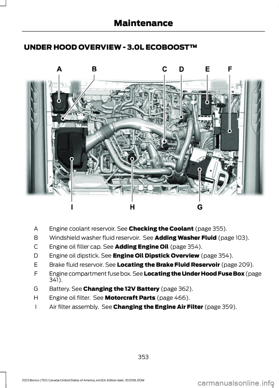 FORD BRONCO 2023 Owners Manual UNDER HOOD OVERVIEW - 3.0L ECOBOOST™
Engine coolant reservoir. See Checking the Coolant (page 355).A
Windshield washer fluid reservoir. See Adding Washer Fluid (page 103).B
Engine oil filler cap. Se FORD BRONCO 2023 Owners Manual UNDER HOOD OVERVIEW - 3.0L ECOBOOST™
Engine coolant reservoir. See Checking the Coolant (page 355).A
Windshield washer fluid reservoir. See Adding Washer Fluid (page 103).B
Engine oil filler cap. Se