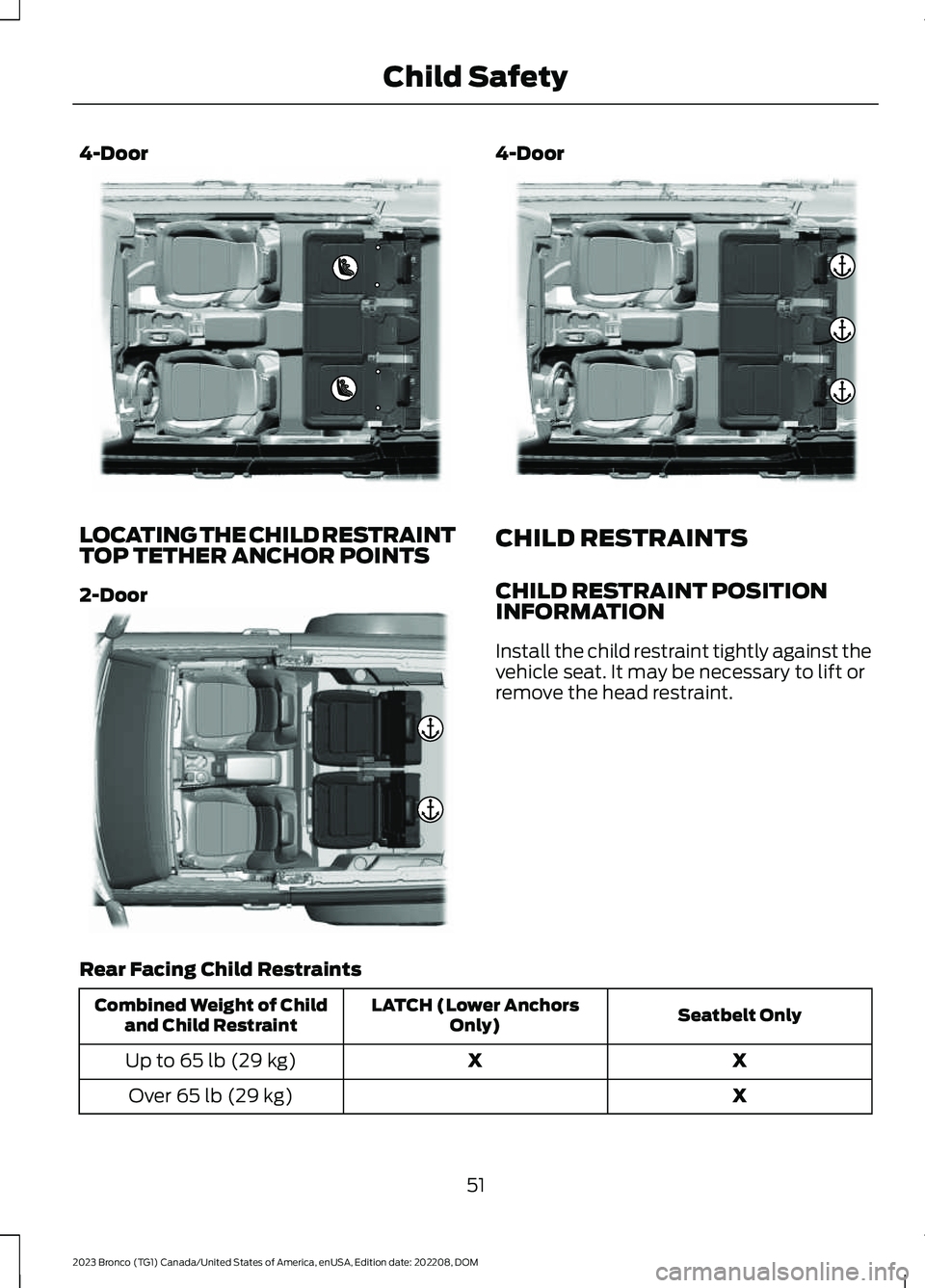 FORD BRONCO 2023 Workshop Manual 4-Door
LOCATING THE CHILD RESTRAINTTOP TETHER ANCHOR POINTS
2-Door
4-Door
CHILD RESTRAINTS
CHILD RESTRAINT POSITIONINFORMATION
Install the child restraint tightly against thevehicle seat. It may be ne FORD BRONCO 2023 Workshop Manual 4-Door
LOCATING THE CHILD RESTRAINTTOP TETHER ANCHOR POINTS
2-Door
4-Door
CHILD RESTRAINTS
CHILD RESTRAINT POSITIONINFORMATION
Install the child restraint tightly against thevehicle seat. It may be ne
