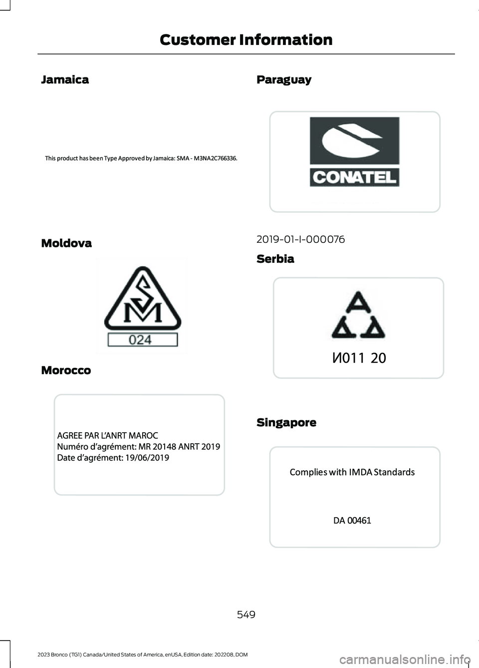 FORD BRONCO 2023  Owners Manual Jamaica
Moldova
Morocco
Paraguay
2019-01-I-000076
Serbia
Singapore
549
2023 Bronco (TG1) Canada/United States of America, enUSA, Edition date: 202208, DOMCustomer InformationE340500  E337971  E340501 
