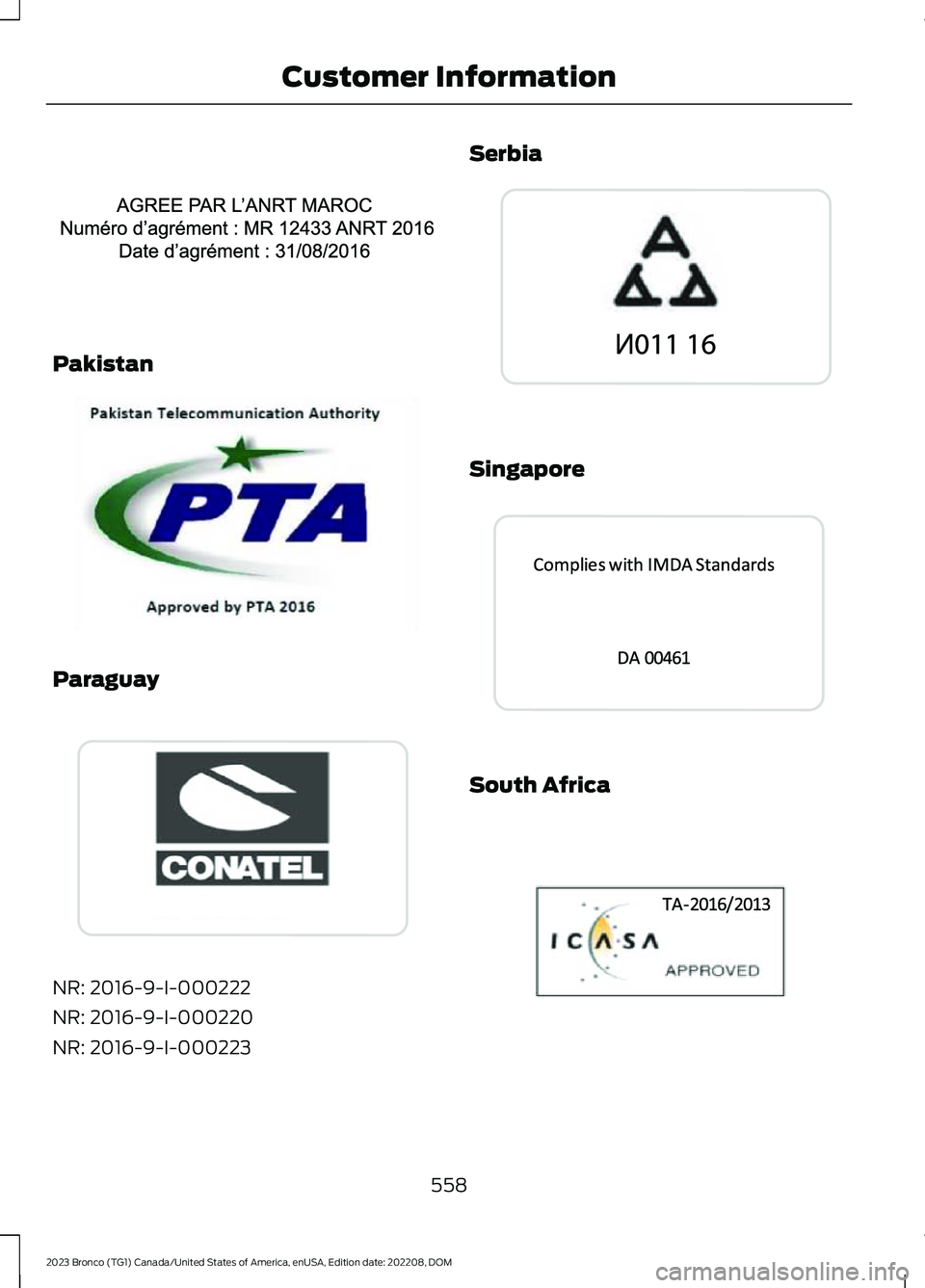 FORD BRONCO 2023  Owners Manual Pakistan
Paraguay
NR: 2016-9-I-000222
NR: 2016-9-I-000220
NR: 2016-9-I-000223
Serbia
Singapore
South Africa
558
2023 Bronco (TG1) Canada/United States of America, enUSA, Edition date: 202208, DOMCusto