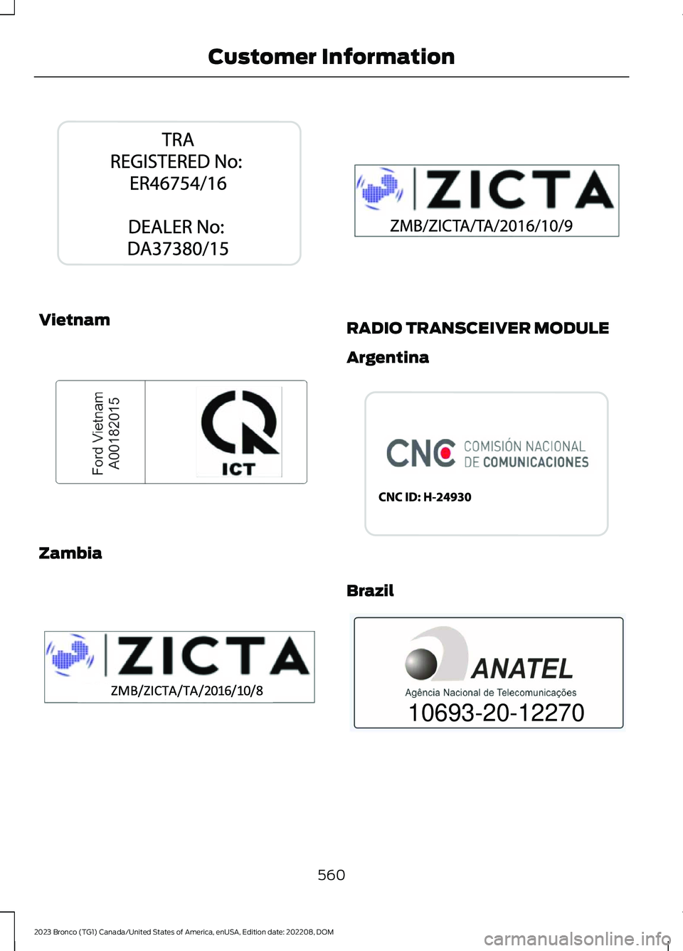 FORD BRONCO 2023  Owners Manual Vietnam
Zambia
RADIO TRANSCEIVER MODULE
Argentina
Brazil
560
2023 Bronco (TG1) Canada/United States of America, enUSA, Edition date: 202208, DOMCustomer InformationE340314  E278262  E343026  E340315  