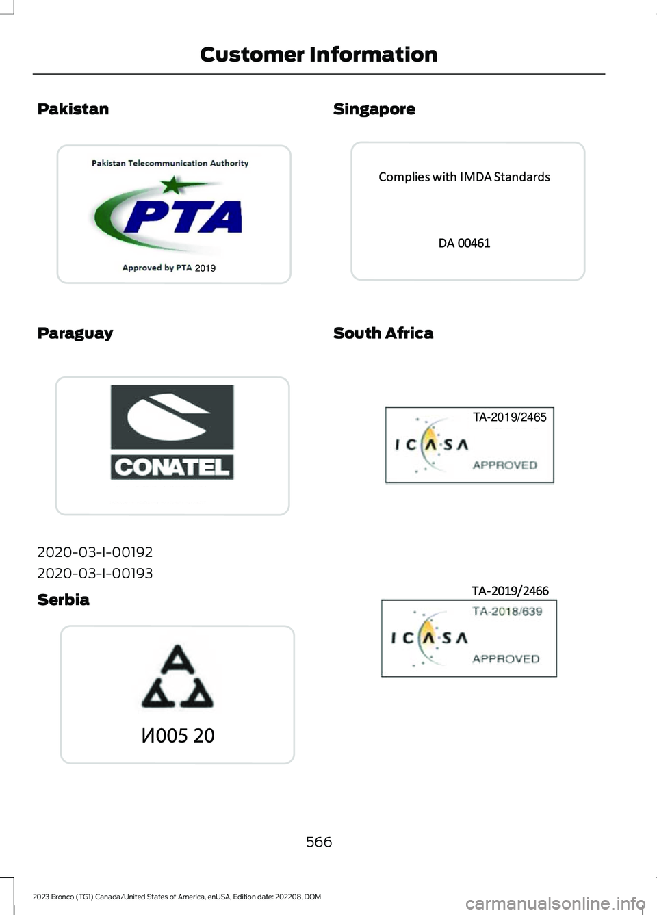 FORD BRONCO 2023  Owners Manual Pakistan
Paraguay
2020-03-I-00192
2020-03-I-00193
Serbia
Singapore
South Africa
566
2023 Bronco (TG1) Canada/United States of America, enUSA, Edition date: 202208, DOMCustomer Information2019E342402  