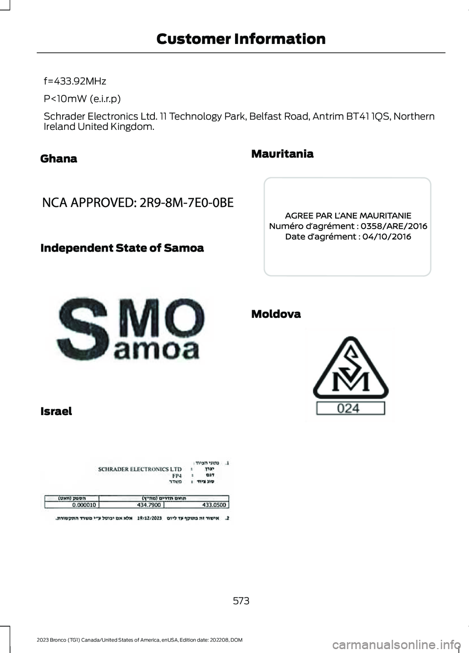 FORD BRONCO 2023  Owners Manual f=433.92MHz
P<10mW (e.i.r.p)
Schrader Electronics Ltd. 11 Technology Park, Belfast Road, Antrim BT41 1QS, NorthernIreland United Kingdom.
Ghana
Independent State of Samoa
Israel
Mauritania
Moldova
573
