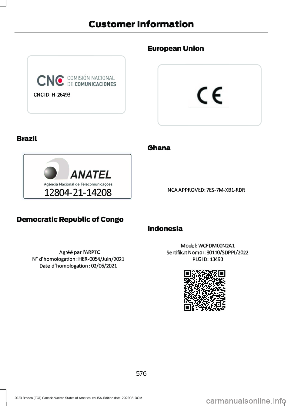 FORD BRONCO 2023  Owners Manual Brazil
Democratic Republic of Congo
European Union
Ghana
Indonesia
576
2023 Bronco (TG1) Canada/United States of America, enUSA, Edition date: 202208, DOMCustomer InformationE368927  E367123  E370174 