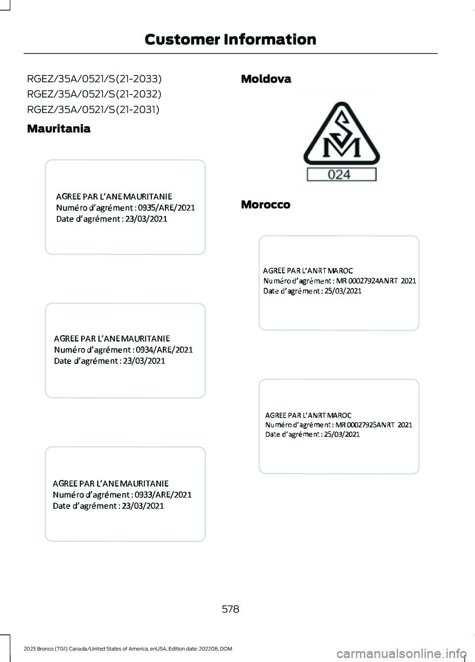FORD BRONCO 2023 Owners Manual RGEZ/35A/0521/S(21-2033)
RGEZ/35A/0521/S(21-2032)
RGEZ/35A/0521/S(21-2031)
Mauritania
Moldova
Morocco
578
2023 Bronco (TG1) Canada/United States of America, enUSA, Edition date: 202208, DOMCustomer In FORD BRONCO 2023 Owners Manual RGEZ/35A/0521/S(21-2033)
RGEZ/35A/0521/S(21-2032)
RGEZ/35A/0521/S(21-2031)
Mauritania
Moldova
Morocco
578
2023 Bronco (TG1) Canada/United States of America, enUSA, Edition date: 202208, DOMCustomer In