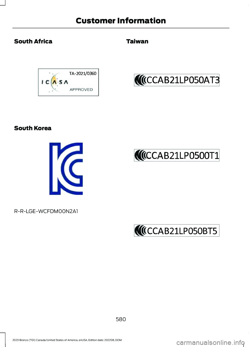 FORD BRONCO 2023 Owners Manual South Africa
South Korea
R-R-LGE-WCFDM00N2A1
Taiwan
580
2023 Bronco (TG1) Canada/United States of America, enUSA, Edition date: 202208, DOMCustomer InformationE364768 E339675 E364769 E364770 E364 FORD BRONCO 2023 Owners Manual South Africa
South Korea
R-R-LGE-WCFDM00N2A1
Taiwan
580
2023 Bronco (TG1) Canada/United States of America, enUSA, Edition date: 202208, DOMCustomer InformationE364768 E339675 E364769 E364770 E364