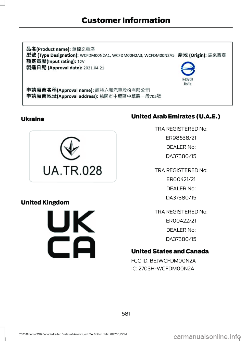 FORD BRONCO 2023 Owners Manual Ukraine
United Kingdom
United Arab Emirates (U.A.E.)
TRA REGISTERED No:
ER98638/21
DEALER No:
DA37380/15
TRA REGISTERED No:
ER00421/21
DEALER No:
DA37380/15
TRA REGISTERED No:
ER00422/21
DEALER No:
DA FORD BRONCO 2023 Owners Manual Ukraine
United Kingdom
United Arab Emirates (U.A.E.)
TRA REGISTERED No:
ER98638/21
DEALER No:
DA37380/15
TRA REGISTERED No:
ER00421/21
DEALER No:
DA37380/15
TRA REGISTERED No:
ER00422/21
DEALER No:
DA
