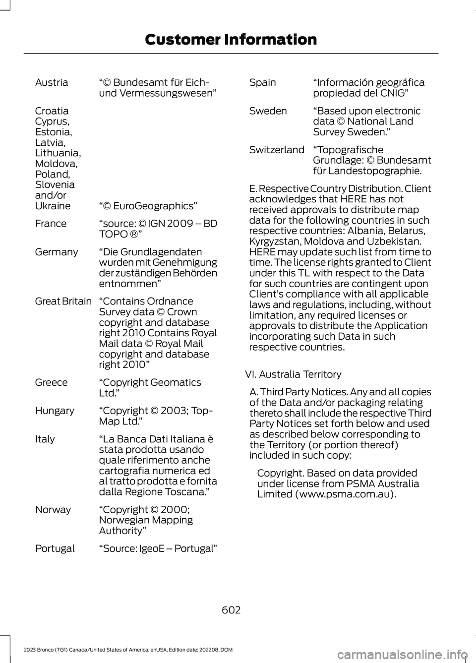 FORD BRONCO 2023 Owners Manual “© Bundesamt für Eich-und Vermessungswesen”Austria
“© EuroGeographics”
CroatiaCyprus,Estonia,Latvia,Lithuania,Moldova,Poland,Sloveniaand/orUkraine
“source: © IGN 2009 – BDTOPO ®”Fra FORD BRONCO 2023 Owners Manual “© Bundesamt für Eich-und Vermessungswesen”Austria
“© EuroGeographics”
CroatiaCyprus,Estonia,Latvia,Lithuania,Moldova,Poland,Sloveniaand/orUkraine
“source: © IGN 2009 – BDTOPO ®”Fra