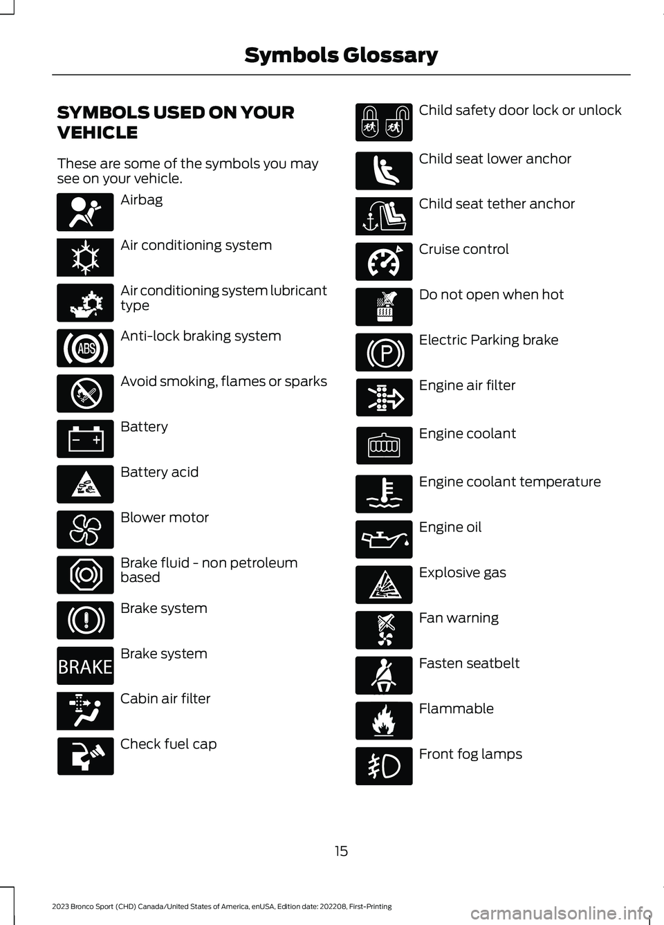 FORD BRONCO SPORT 2023  Owners Manual SYMBOLS USED ON YOUR
VEHICLE
These are some of the symbols you maysee on your vehicle.
Airbag
Air conditioning system
Air conditioning system lubricanttype
Anti-lock braking system
Avoid smoking, flam