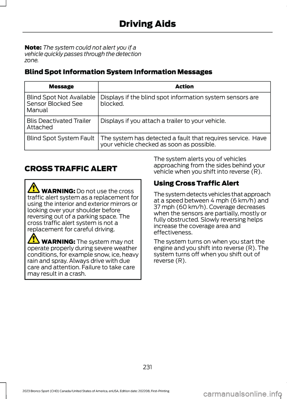 FORD BRONCO SPORT 2023  Owners Manual Note:The system could not alert you if avehicle quickly passes through the detectionzone.
Blind Spot Information System Information Messages
ActionMessage
Displays if the blind spot information system