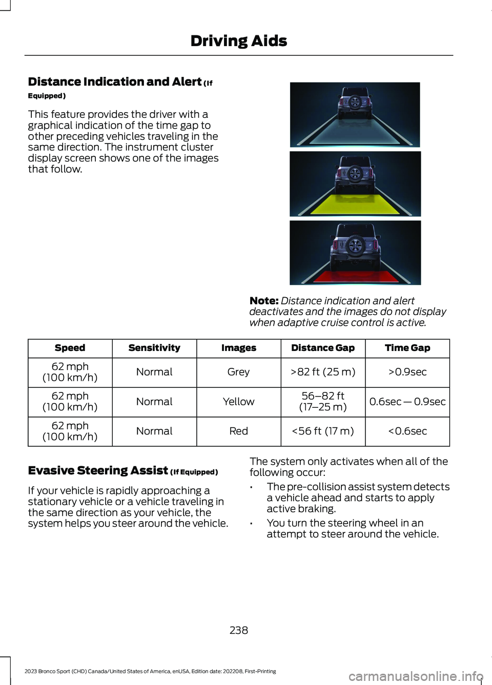 FORD BRONCO SPORT 2023 Owners Manual Distance Indication and Alert (If
Equipped)
This feature provides the driver with agraphical indication of the time gap toother preceding vehicles traveling in thesame direction. The instrument cluste FORD BRONCO SPORT 2023 Owners Manual Distance Indication and Alert (If
Equipped)
This feature provides the driver with agraphical indication of the time gap toother preceding vehicles traveling in thesame direction. The instrument cluste