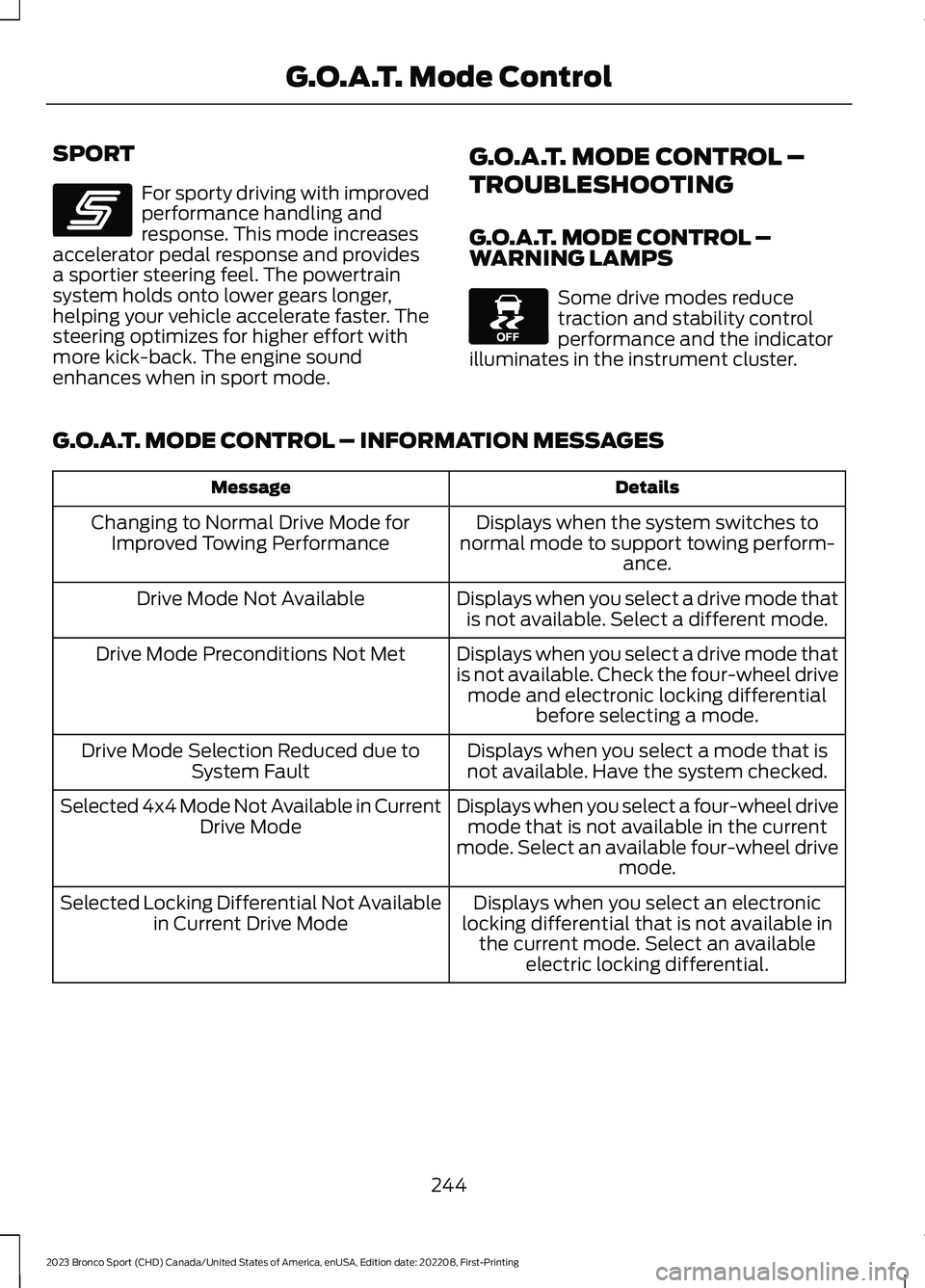 FORD BRONCO SPORT 2023 Owners Manual SPORT
For sporty driving with improvedperformance handling andresponse. This mode increasesaccelerator pedal response and providesa sportier steering feel. The powertrainsystem holds onto lower gears FORD BRONCO SPORT 2023 Owners Manual SPORT
For sporty driving with improvedperformance handling andresponse. This mode increasesaccelerator pedal response and providesa sportier steering feel. The powertrainsystem holds onto lower gears
