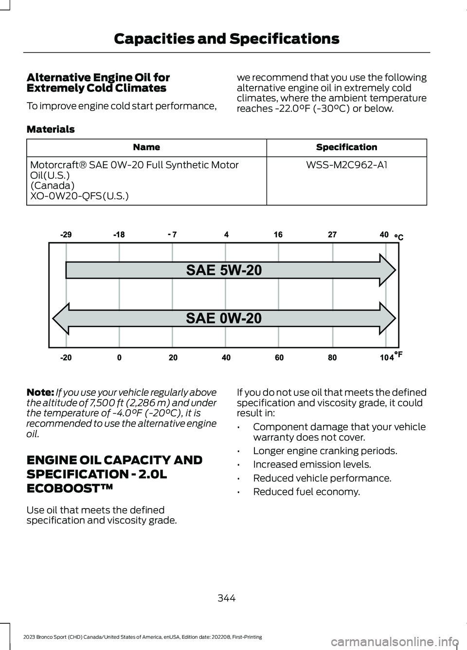 FORD BRONCO SPORT 2023 Owners Manual Alternative Engine Oil forExtremely Cold Climates
To improve engine cold start performance,
we recommend that you use the followingalternative engine oil in extremely coldclimates, where the ambient t FORD BRONCO SPORT 2023 Owners Manual Alternative Engine Oil forExtremely Cold Climates
To improve engine cold start performance,
we recommend that you use the followingalternative engine oil in extremely coldclimates, where the ambient t
