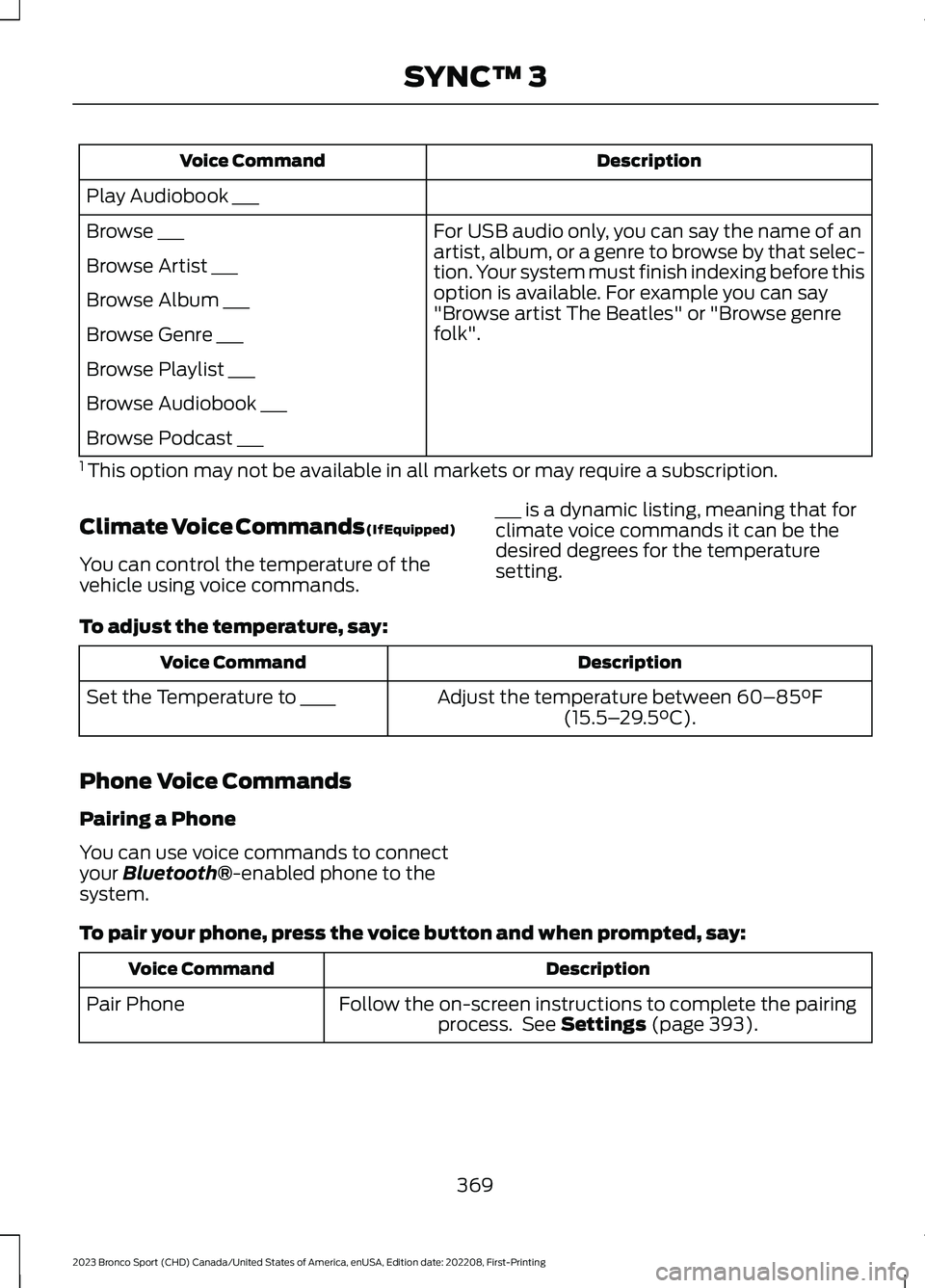 FORD BRONCO SPORT 2023 Owners Manual DescriptionVoice Command
Play Audiobook ___
For USB audio only, you can say the name of anartist, album, or a genre to browse by that selec-tion. Your system must finish indexing before thisoption is FORD BRONCO SPORT 2023 Owners Manual DescriptionVoice Command
Play Audiobook ___
For USB audio only, you can say the name of anartist, album, or a genre to browse by that selec-tion. Your system must finish indexing before thisoption is
