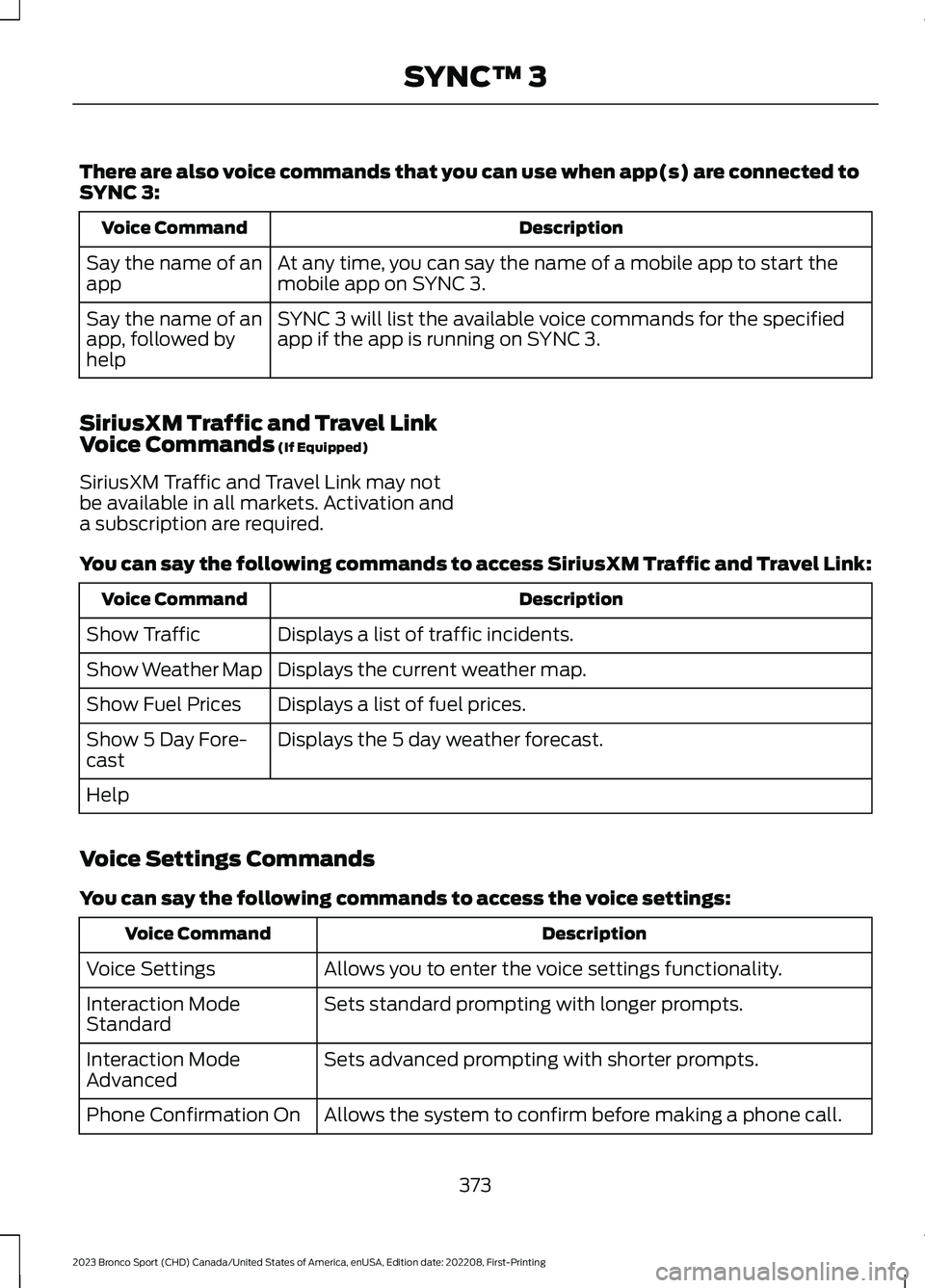 FORD BRONCO SPORT 2023 Owners Manual There are also voice commands that you can use when app(s) are connected toSYNC 3:
DescriptionVoice Command
At any time, you can say the name of a mobile app to start themobile app on SYNC 3.Say the n FORD BRONCO SPORT 2023 Owners Manual There are also voice commands that you can use when app(s) are connected toSYNC 3:
DescriptionVoice Command
At any time, you can say the name of a mobile app to start themobile app on SYNC 3.Say the n