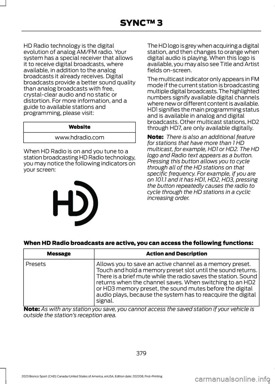 FORD BRONCO SPORT 2023 Owners Manual HD Radio technology is the digitalevolution of analog AM/FM radio. Yoursystem has a special receiver that allowsit to receive digital broadcasts, whereavailable, in addition to the analogbroadcasts it FORD BRONCO SPORT 2023 Owners Manual HD Radio technology is the digitalevolution of analog AM/FM radio. Yoursystem has a special receiver that allowsit to receive digital broadcasts, whereavailable, in addition to the analogbroadcasts it