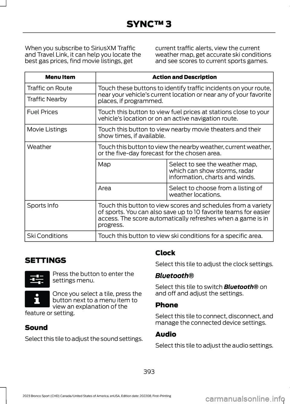 FORD BRONCO SPORT 2023 Owners Manual When you subscribe to SiriusXM Trafficand Travel Link, it can help you locate thebest gas prices, find movie listings, get
current traffic alerts, view the currentweather map, get accurate ski conditi FORD BRONCO SPORT 2023 Owners Manual When you subscribe to SiriusXM Trafficand Travel Link, it can help you locate thebest gas prices, find movie listings, get
current traffic alerts, view the currentweather map, get accurate ski conditi
