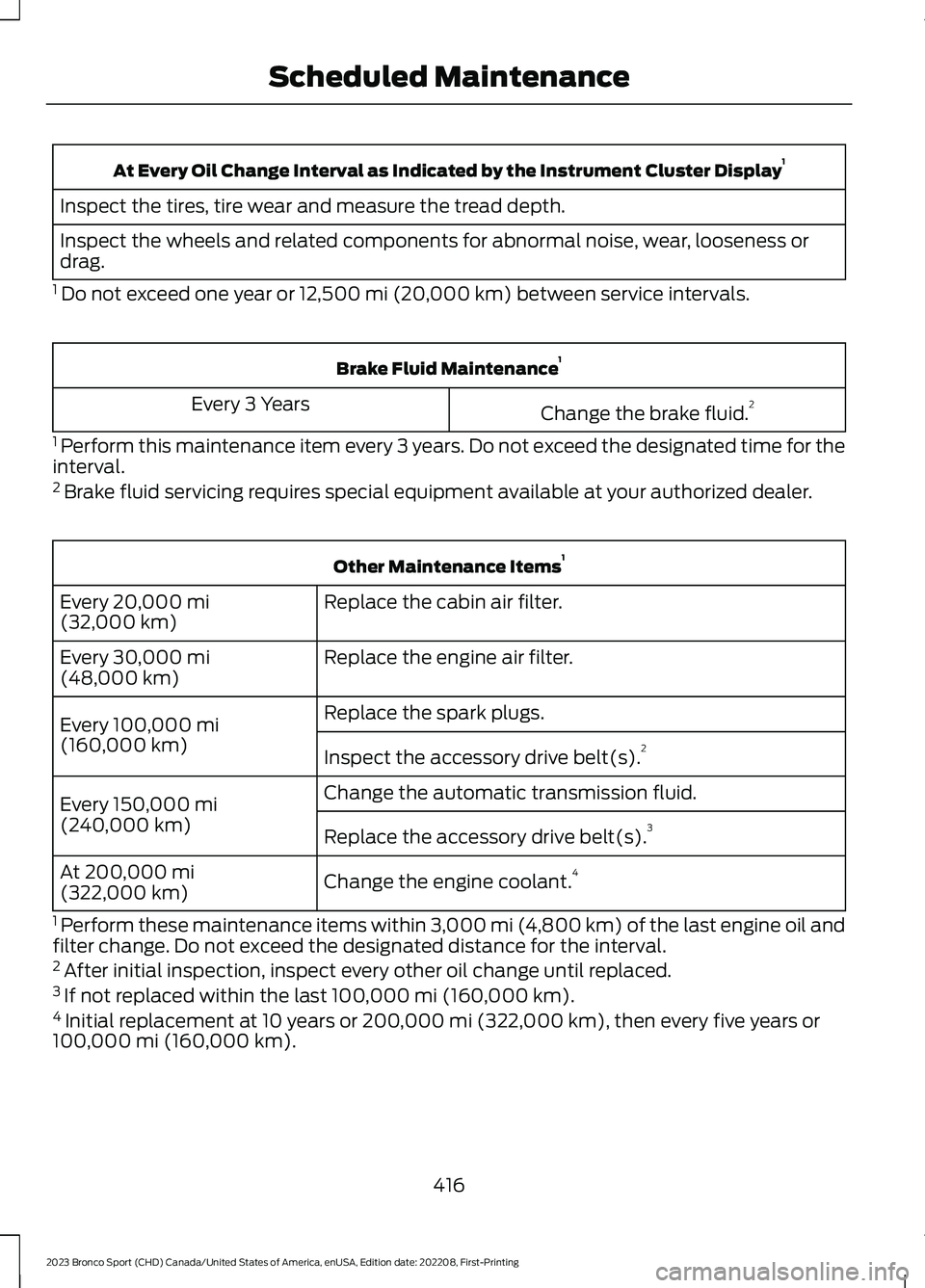 FORD BRONCO SPORT 2023  Owners Manual At Every Oil Change Interval as Indicated by the Instrument Cluster Display1
Inspect the tires, tire wear and measure the tread depth.
Inspect the wheels and related components for abnormal noise, wea