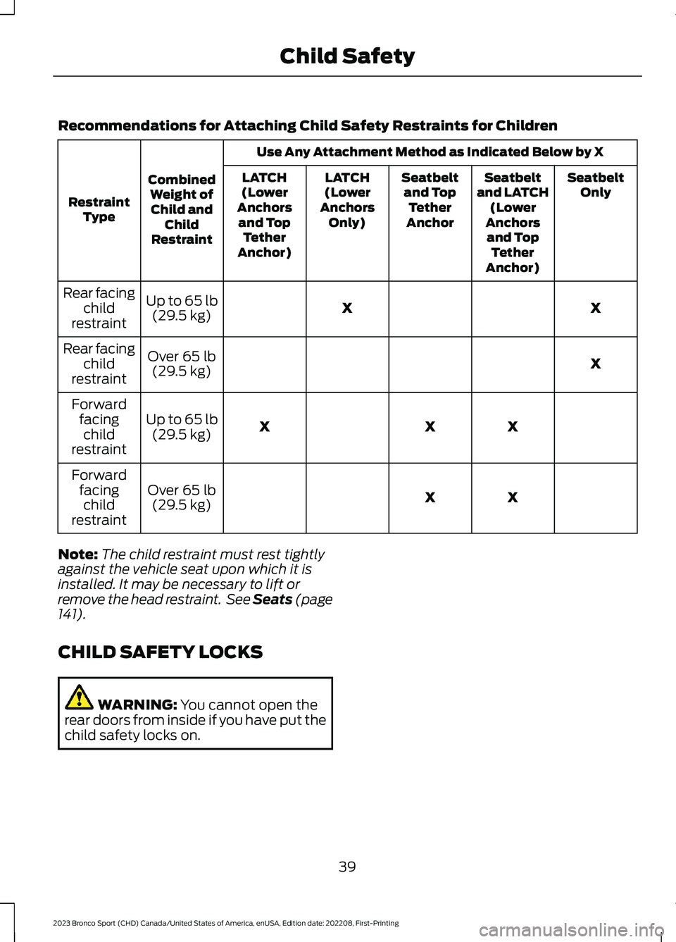 FORD BRONCO SPORT 2023 Service Manual Recommendations for Attaching Child Safety Restraints for Children
Use Any Attachment Method as Indicated Below by X
CombinedWeight ofChild andChildRestraint
RestraintType
SeatbeltOnlySeatbeltand LATC