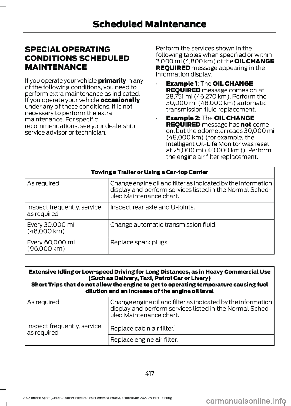 FORD BRONCO SPORT 2023  Owners Manual SPECIAL OPERATING
CONDITIONS SCHEDULED
MAINTENANCE
If you operate your vehicle primarily in anyof the following conditions, you need toperform extra maintenance as indicated.If you operate your vehicl