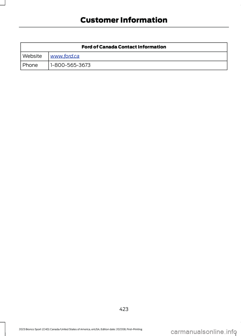 FORD BRONCO SPORT 2023 Owners Manual Ford of Canada Contact Information
www.ford.caWebsite
1-800-565-3673Phone
423
2023 Bronco Sport (CHD) Canada/United States of America, enUSA, Edition date: 202208, First-PrintingCustomer Information FORD BRONCO SPORT 2023 Owners Manual Ford of Canada Contact Information
www.ford.caWebsite
1-800-565-3673Phone
423
2023 Bronco Sport (CHD) Canada/United States of America, enUSA, Edition date: 202208, First-PrintingCustomer Information
