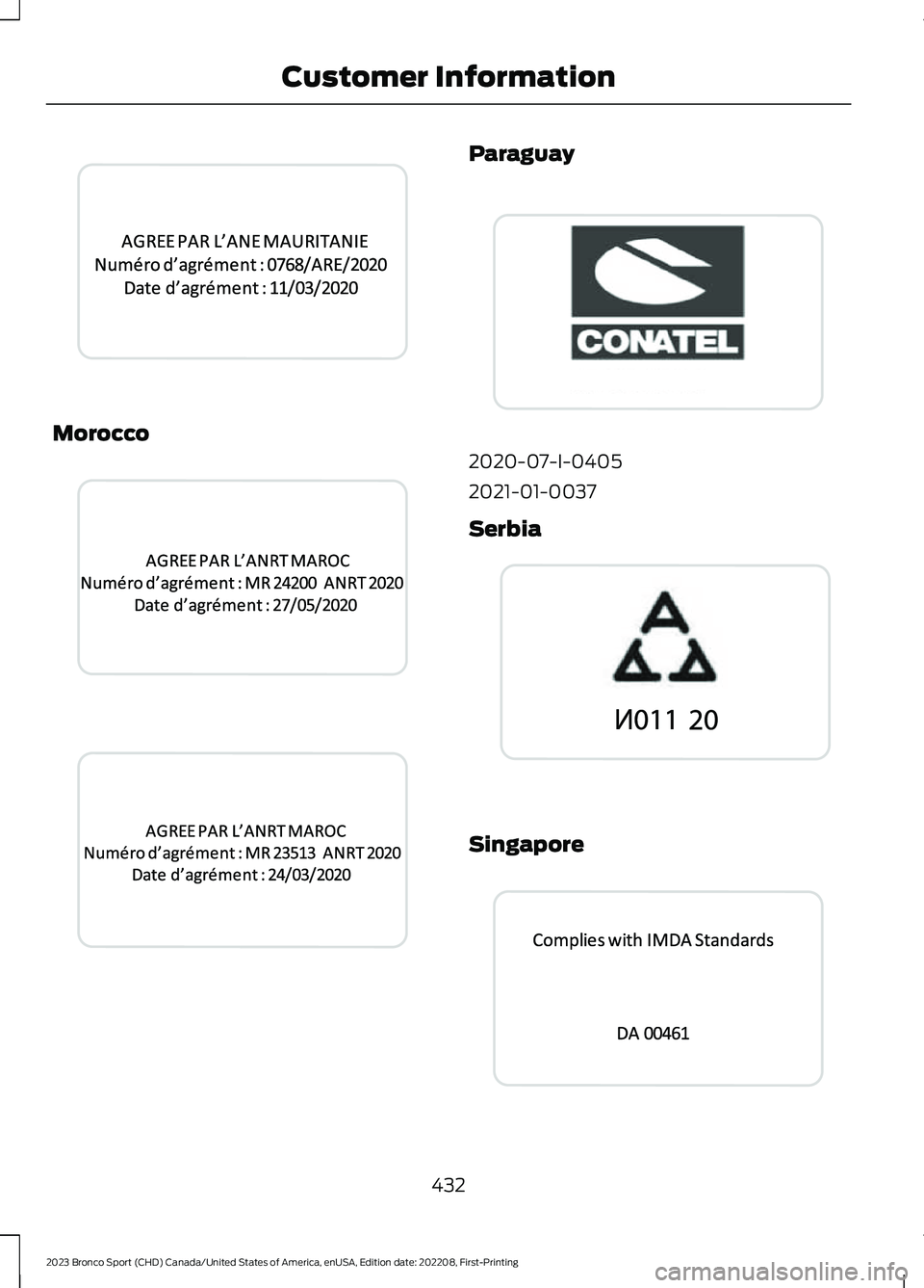 FORD BRONCO SPORT 2023  Owners Manual Morocco
Paraguay
2020-07-I-0405
2021-01-0037
Serbia
Singapore
432
2023 Bronco Sport (CHD) Canada/United States of America, enUSA, Edition date: 202208, First-PrintingCustomer InformationE345305  E3453