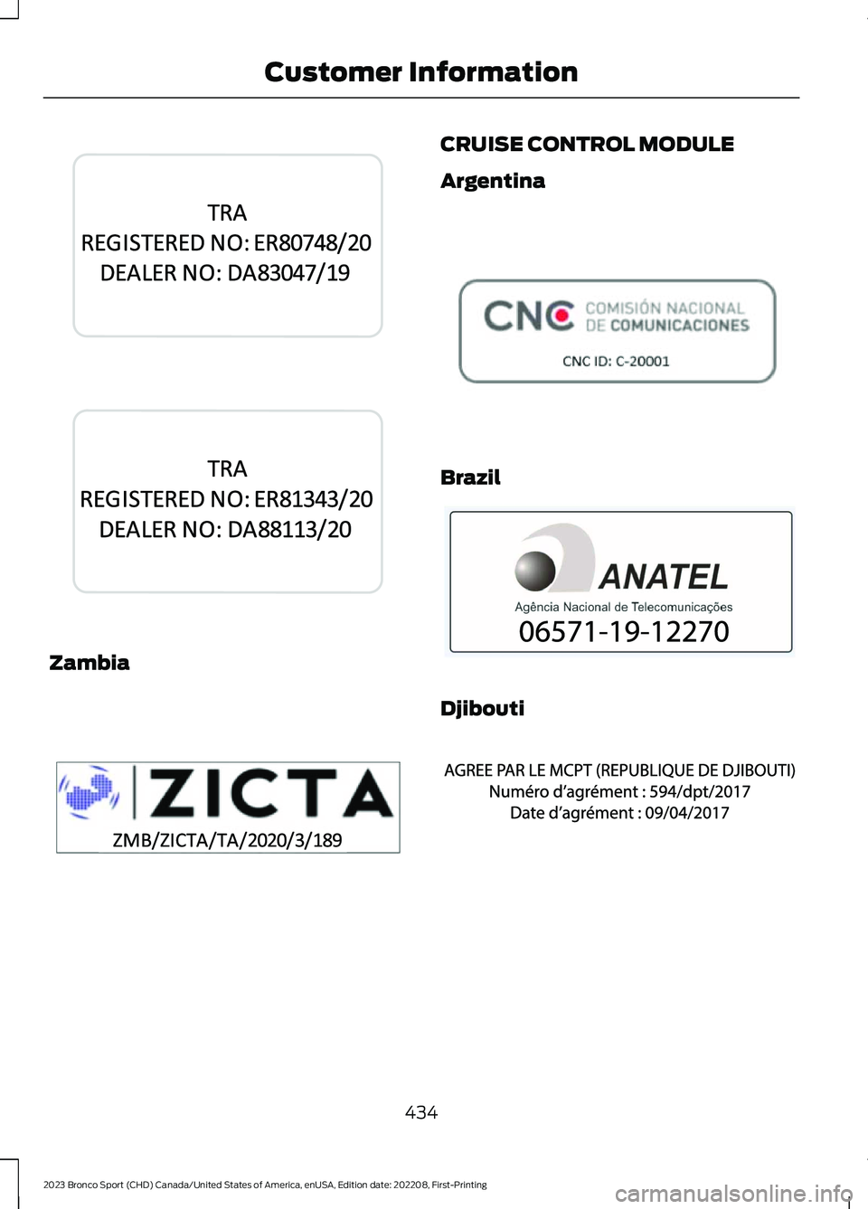 FORD BRONCO SPORT 2023  Owners Manual Zambia
CRUISE CONTROL MODULE
Argentina
Brazil
Djibouti
434
2023 Bronco Sport (CHD) Canada/United States of America, enUSA, Edition date: 202208, First-PrintingCustomer InformationE345312  E345743  E34