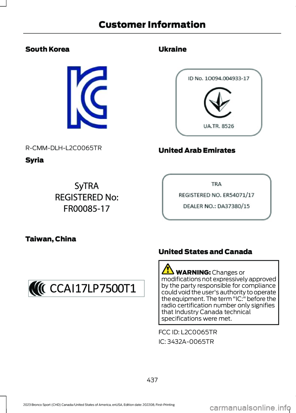 FORD BRONCO SPORT 2023 Owners Manual South Korea
R-CMM-DLH-L2C0065TR
Syria
Taiwan, China
Ukraine
United Arab Emirates
United States and Canada
WARNING: Changes ormodifications not expressively approvedby the party responsible for complia FORD BRONCO SPORT 2023 Owners Manual South Korea
R-CMM-DLH-L2C0065TR
Syria
Taiwan, China
Ukraine
United Arab Emirates
United States and Canada
WARNING: Changes ormodifications not expressively approvedby the party responsible for complia