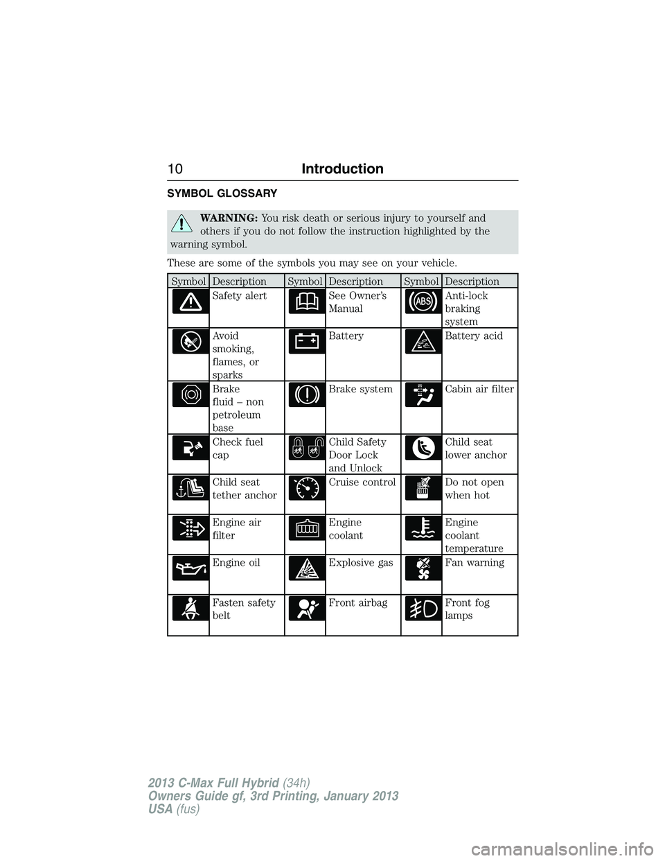 FORD C MAX 2013  Owners Manual SYMBOL GLOSSARY
WARNING:You risk death or serious injury to yourself and
others if you do not follow the instruction highlighted by the
warning symbol.
These are some of the symbols you may see on you