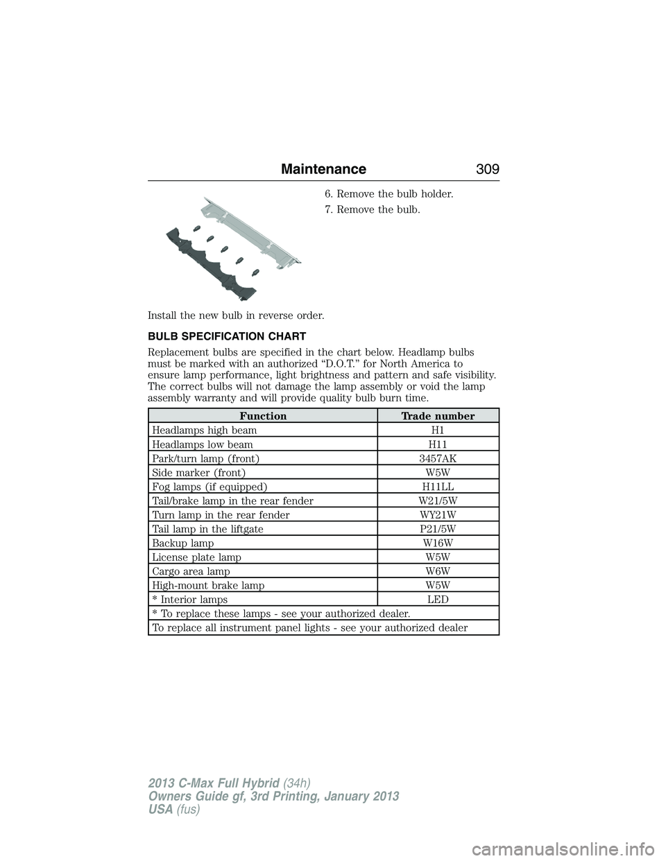 FORD C MAX 2013 User Guide 6. Remove the bulb holder.
7. Remove the bulb.
Install the new bulb in reverse order.
BULB SPECIFICATION CHART
Replacement bulbs are specified in the chart below. Headlamp bulbs
must be marked with an FORD C MAX 2013 User Guide 6. Remove the bulb holder.
7. Remove the bulb.
Install the new bulb in reverse order.
BULB SPECIFICATION CHART
Replacement bulbs are specified in the chart below. Headlamp bulbs
must be marked with an