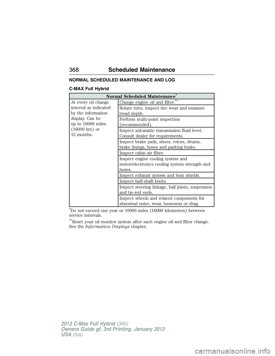 FORD C MAX 2013  Owners Manual NORMAL SCHEDULED MAINTENANCE AND LOG
C-MAX Full Hybrid
Normal Scheduled Maintenance*
At every oil change
interval as indicated
by the information
display. Can be
up to 10000 miles
(16000 km) or
12 mon